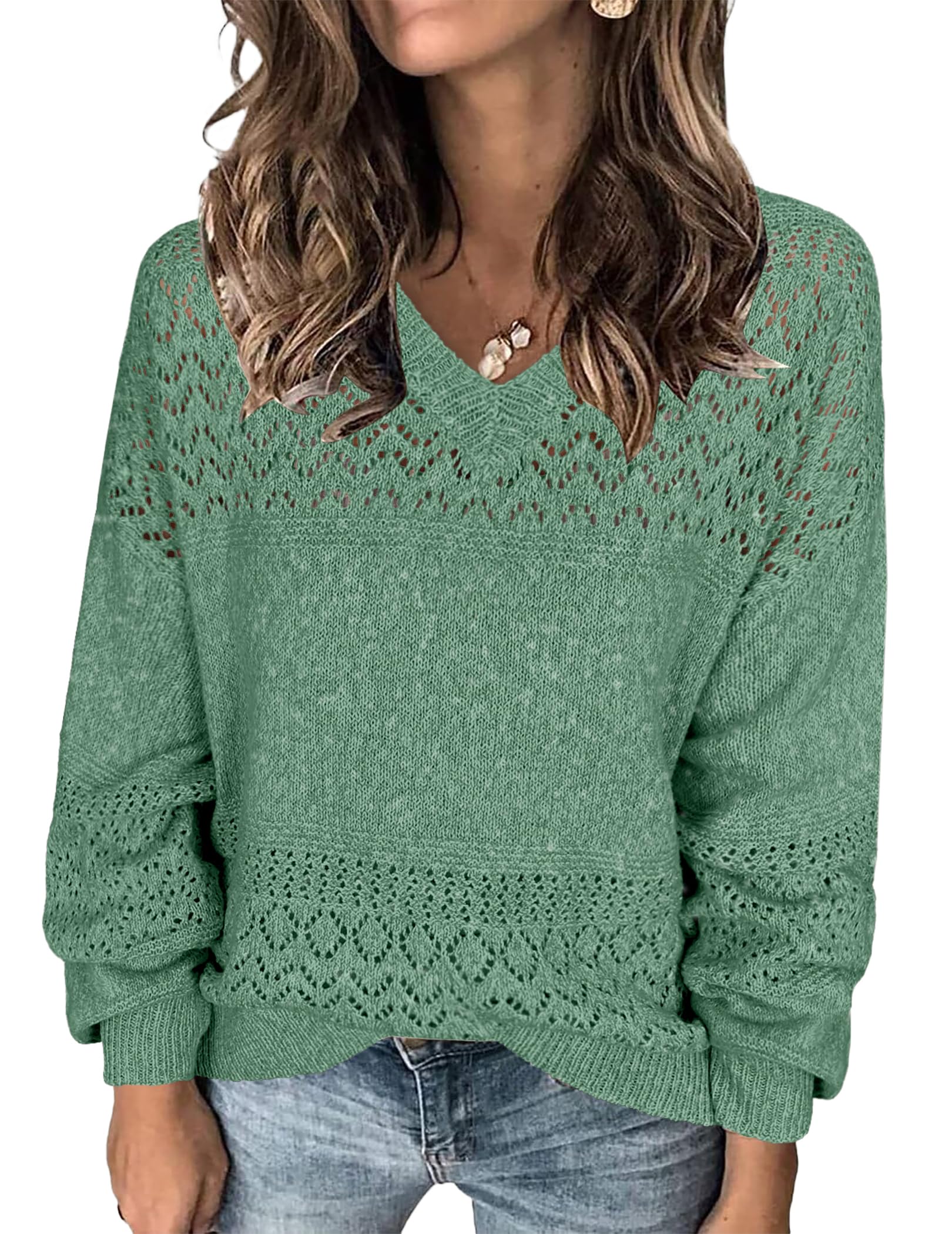 Womens Oversized Lightweight V Neck Sweater Spring 2025 Outfits Crochet Knit Hollow Out Long Sleeve Pullover Tops
