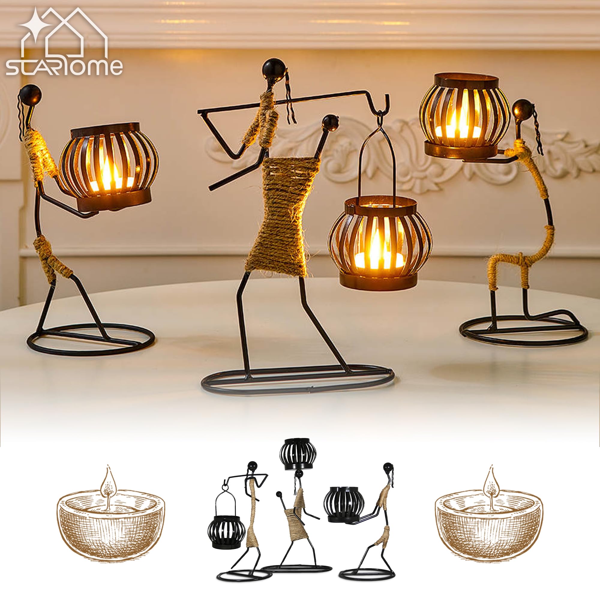 Set Di 3 Portacandele In Metallo Nero Per Candele, LED O Tealight, Decorazione Tavolo, Soggiorno, Cucina, Antivento, Regalo