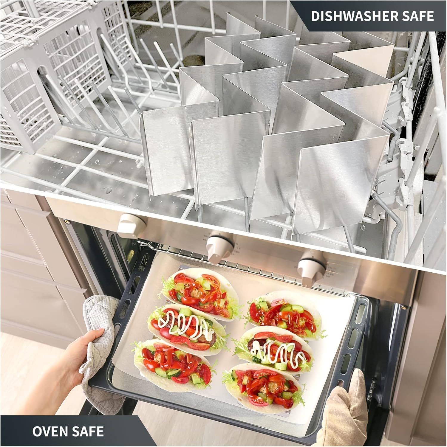 LATERN 6 Pezzi Porta Tacos, 21CM x 10CM Supporto per Tacos in Acciaio Inox Vassoi Verticali per 3 Pezzi Tacos Eleganti Porta Tacos con Manici - Resistente al Forno, Griglia e Lavastoviglie