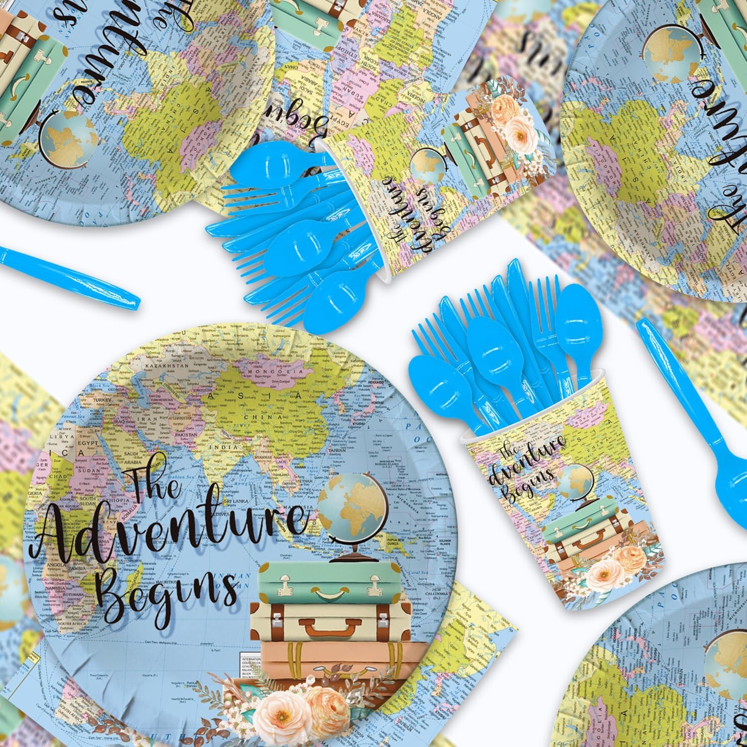 141pcs Around The World Party Decorations The Adventure Begin Birthday Party set Includes Dinner Plate Dessert Plate Paper Napkin Cup Knife Fork Spoon Tablecloth Travel Birthday Supplies set