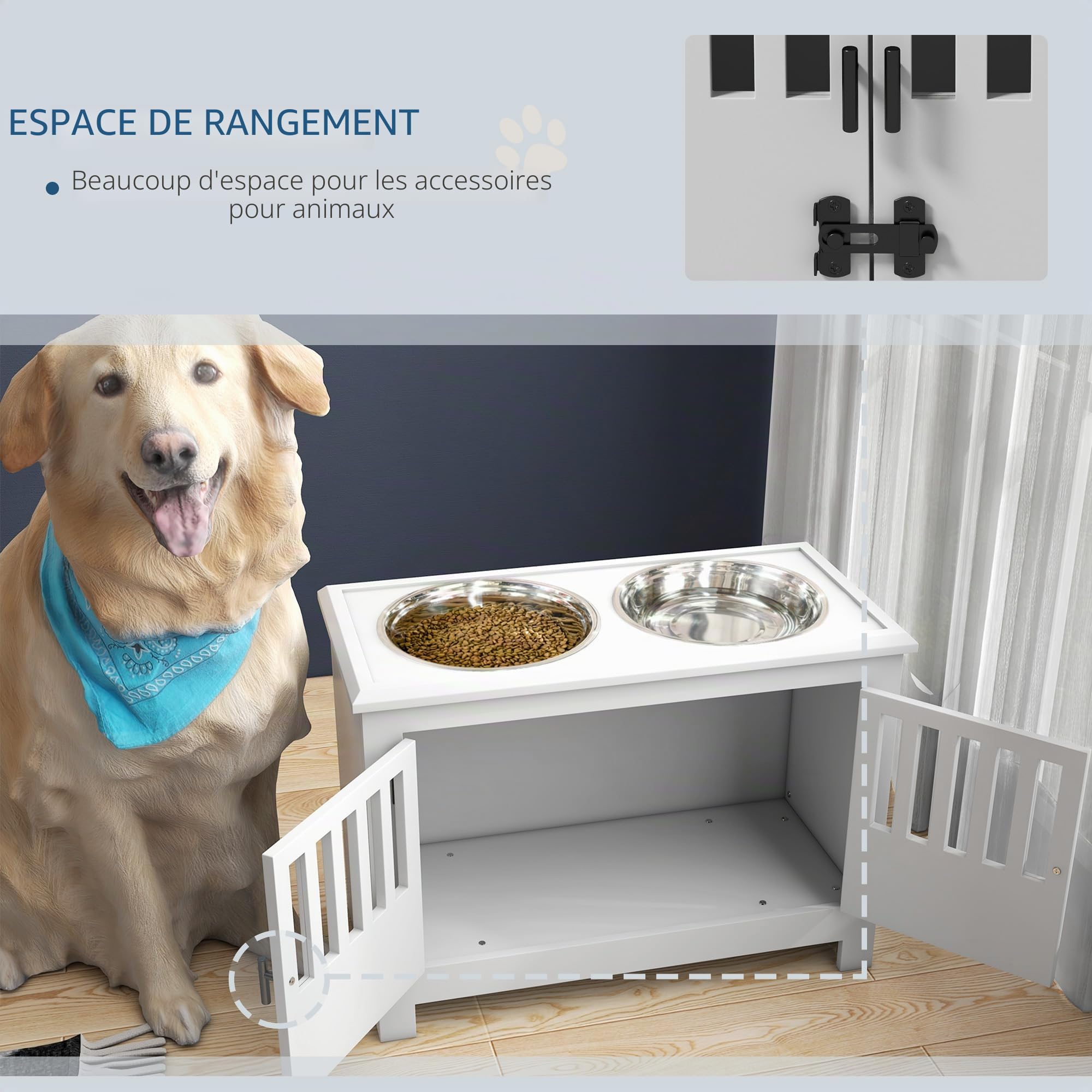 PawHut Grandes gamelles surélevées avec Armoire de Rangement 37L Blanc | Support gamelle surélevée, gamelle nourriture, station alimentation chien