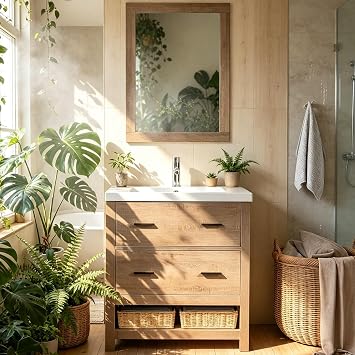 wonline 30" Bathroom Vanity with Sink Combo, Undermount Bathroom Cabinet Resin Vessel Sink Chrome Faucet Drain with Mirror Wood Color