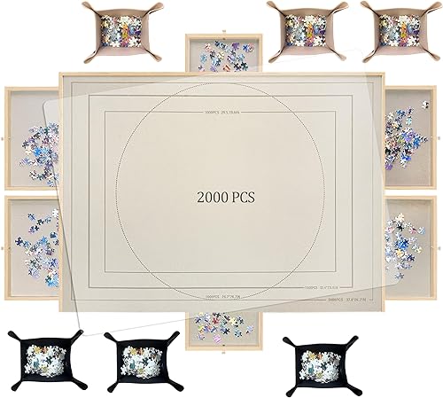 Tabla de rompecabezas de 2000 piezas con 6 cajones, rejilla de línea auxiliar, portátil, giratoria, grande, de madera, cubierta de mesa, 1500, 1000