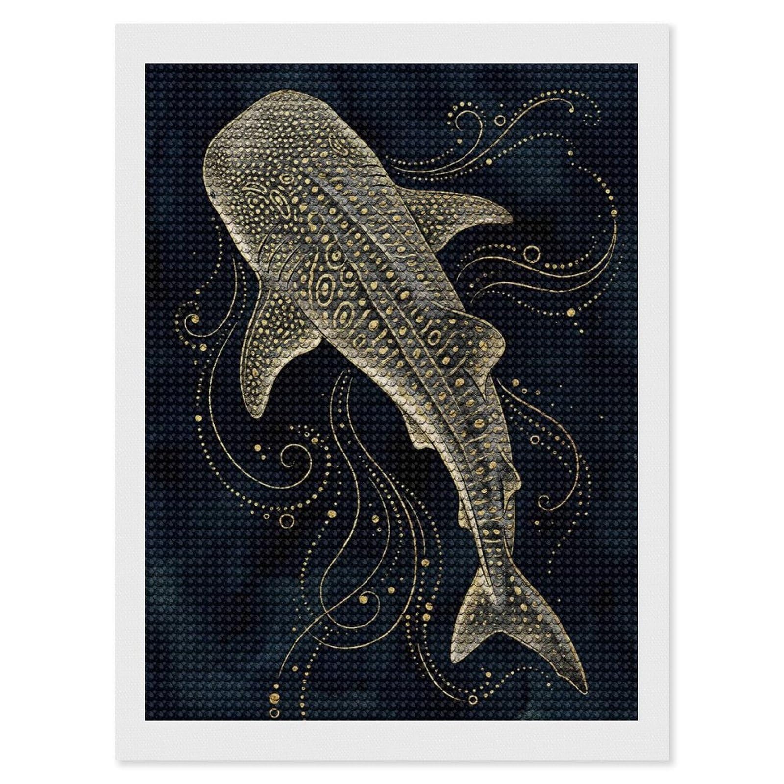 Junmoney Whale Shark Illustration with Golden Accents Round Drill Diamond Painting 12"x16", for Craft Lovers, Stress Relief Craft, Bedroom Decor, Festive Craft Gift