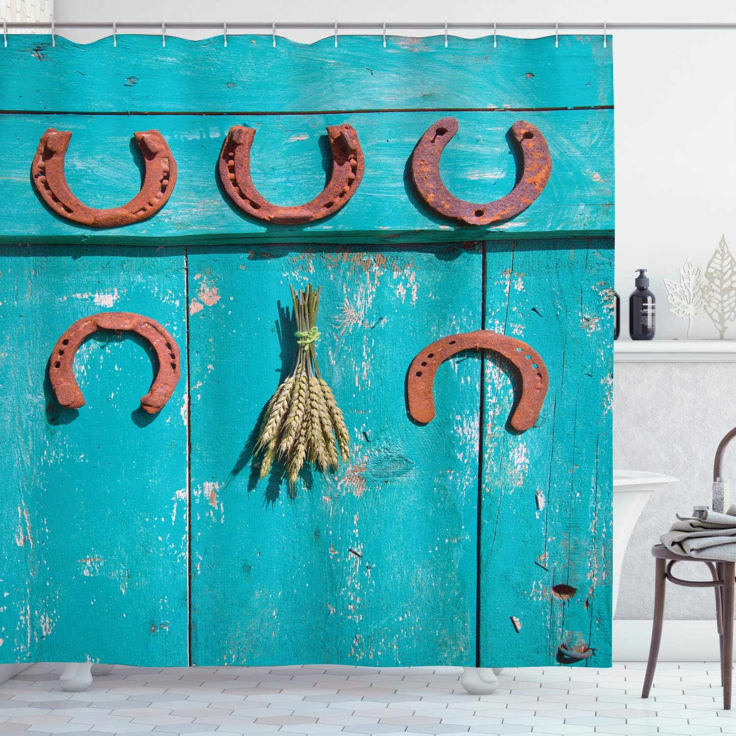 Ambesonne Western Shower Curtain, 5 Antique Rusty Luck Horseshoe and Wheat Ears Bunch Picture, Cloth Fabric Bathroom Decor Set with Hooks, 69" W x 70" L, Turquoise and Brown
