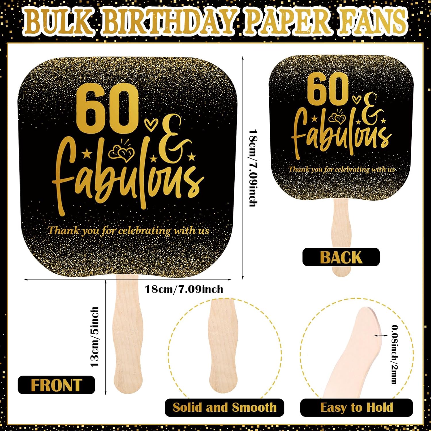 Geelin 25 Pcs 60th Birthday Party Favors for Guests Bulk Thank You Paper Fans with Handle 60 Birthday Anniversary Souvenir Gifts 60 Themed Party Supplies