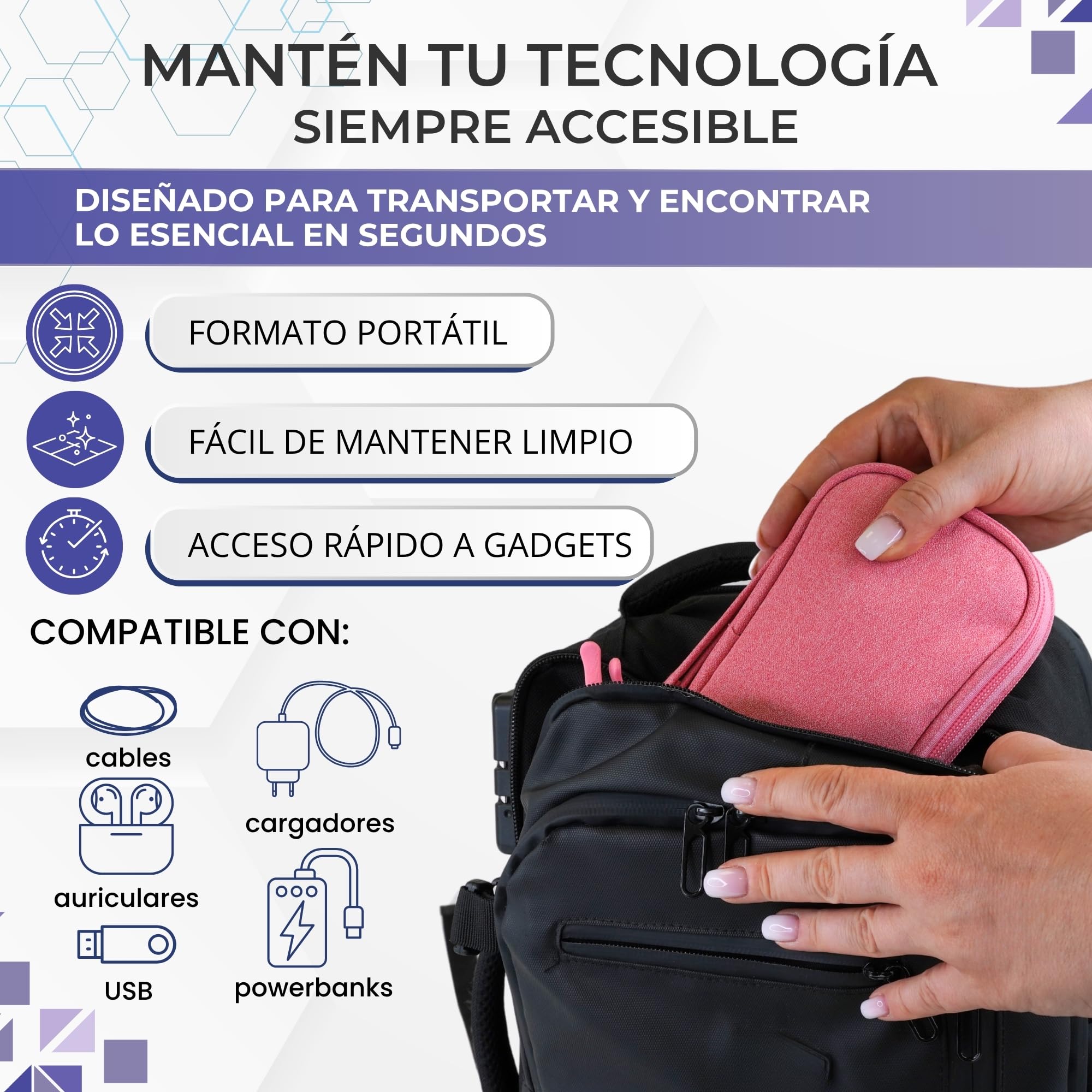Organizador Cables Viaje – Estuche para Cables + 10 Bridas Autoadherentes | Estuche para Cargadores, USB y Accesorios Electrónicos | Bolsa Compacta y Versátil (NEGRO) - 4