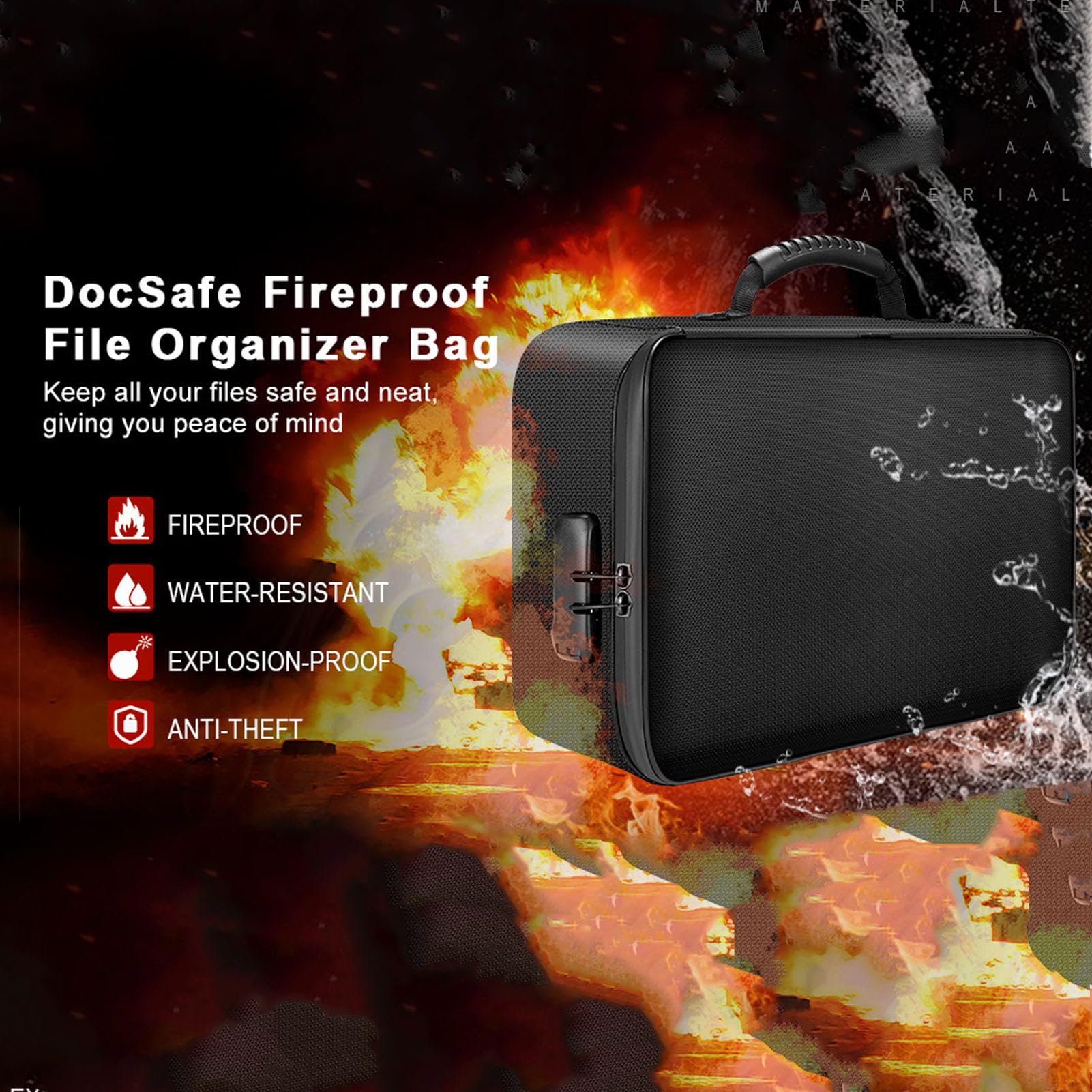 Organizer per documenti con serratura codificata Borsa portadocumenti portatile con cerniera a 3 strati per viaggi, ufficio, casa, nera
