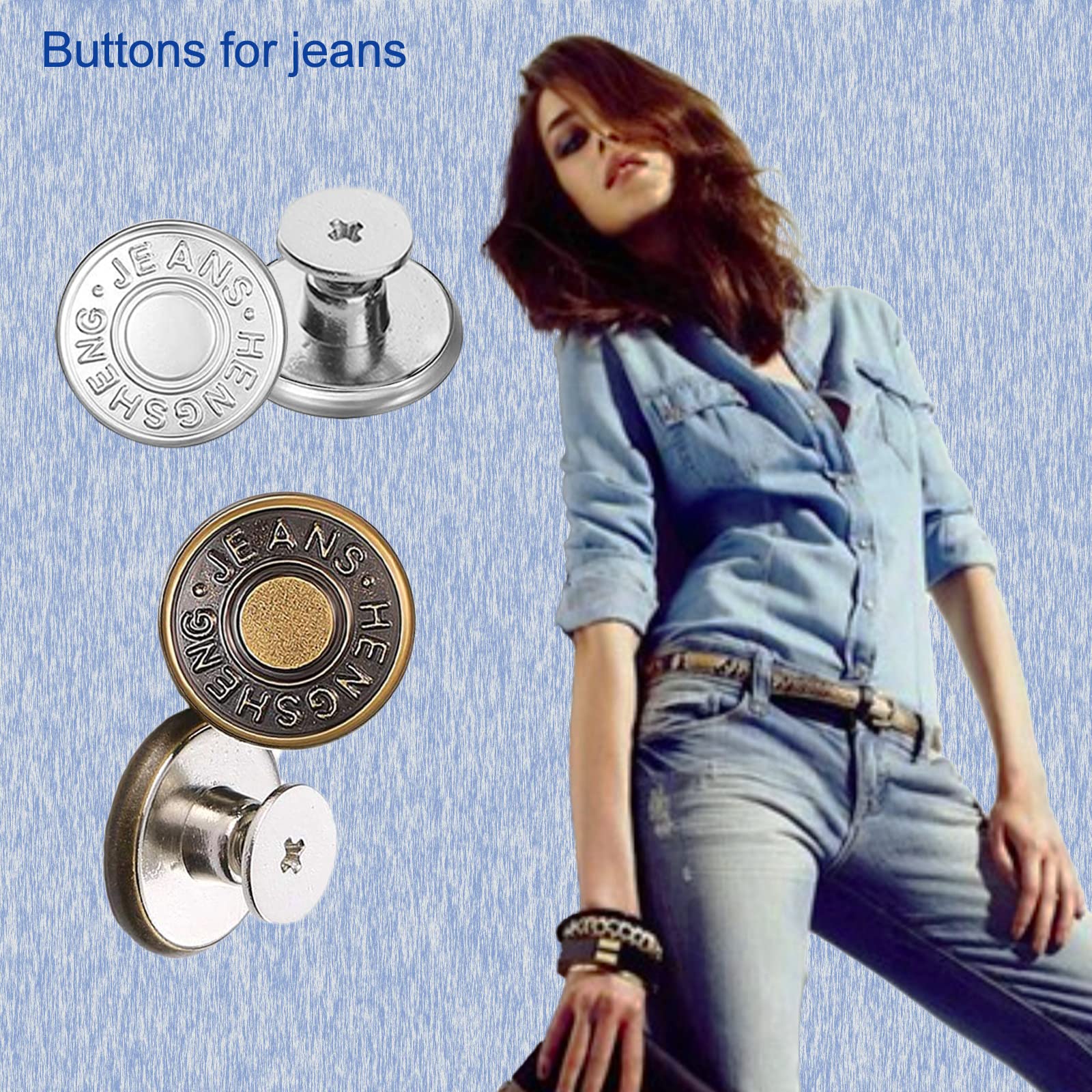YYJ HOME Botones de mezclilla para jeans sueltos, pines de botón para jeans, botones instantáneos de 17 mm, sin costura, kit de reparación de botones extraíbles con remaches y destornillador, 12