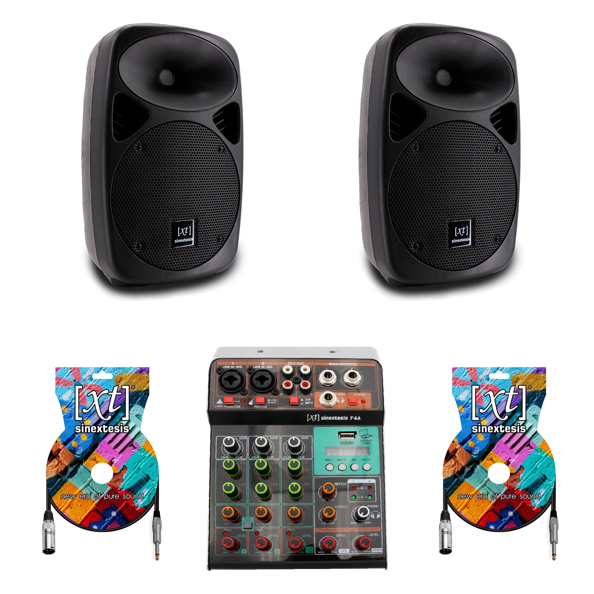 Impianto Audio: 2 Diffusori Attivi 250W (LF 10" + HF 1"), Mixer 3 canali MP3 USB Bluetooth con Effetto Echo e Coppia di Cavi XLR Maschio - Jack Sbilanciato 5 mt. (PSR-10A-KIT1)