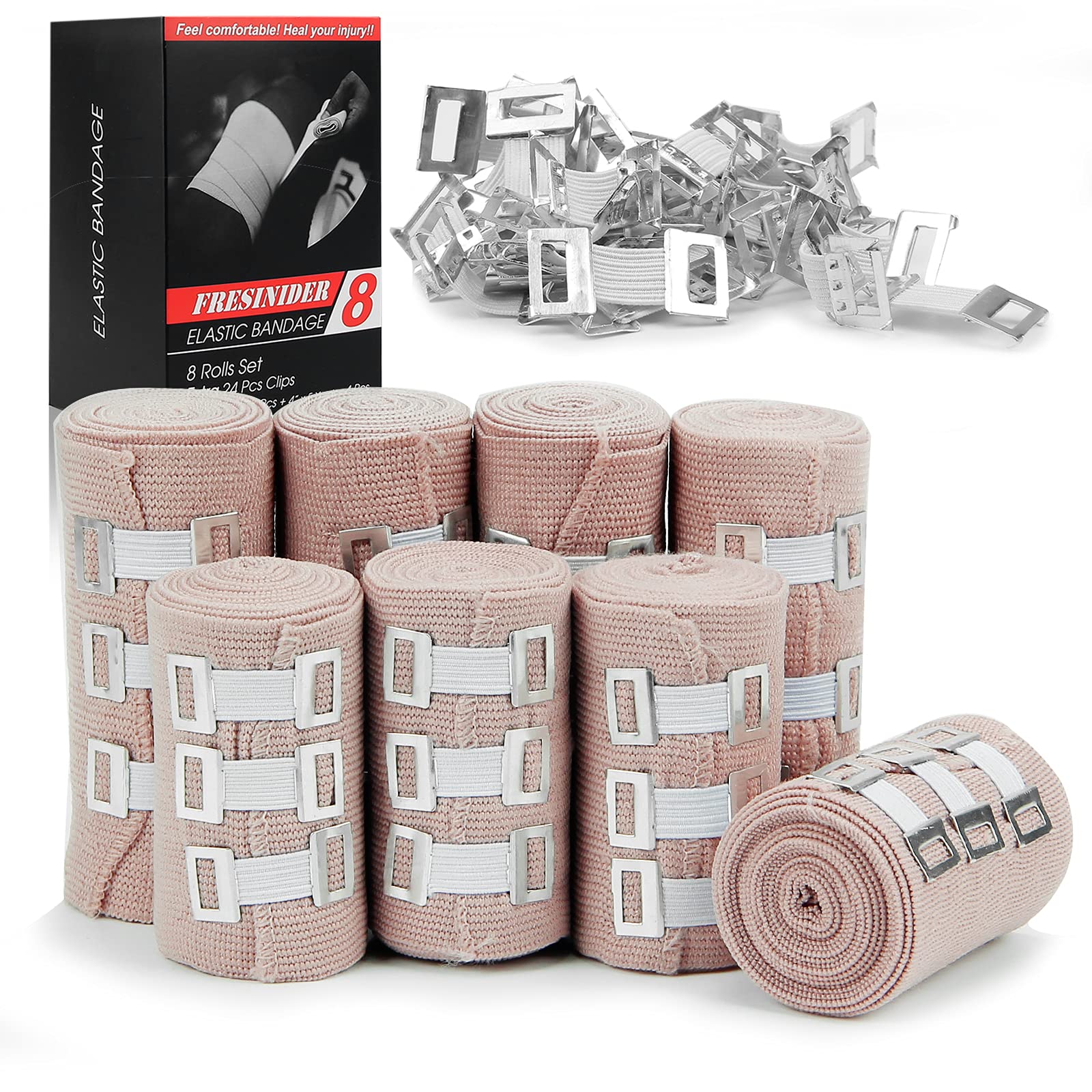 Elastic Bandage Wrap 8 Pack(4 X 3 + 4 X 4 Wide Rolls) + 48 Clips | Stretch Compression Bandage Stretches up to 15ft | Ideal for Medical, Sports, Sprains, Calf, Ankle & Foot