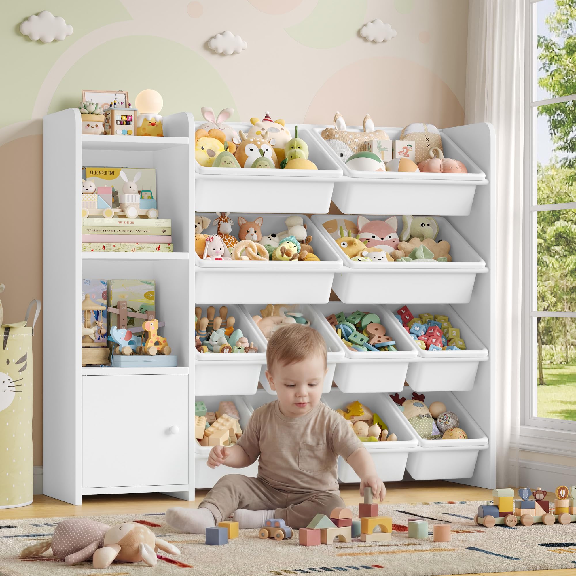 FOREHILL Meuble de Rangement Enfant avec 12 Boîtes Amovibles Bibliothèque Enfant 4 Étagères Meuble Rangement Jouets pour Chambre d’Enfant Salon 112,5x30x100cm Blanc