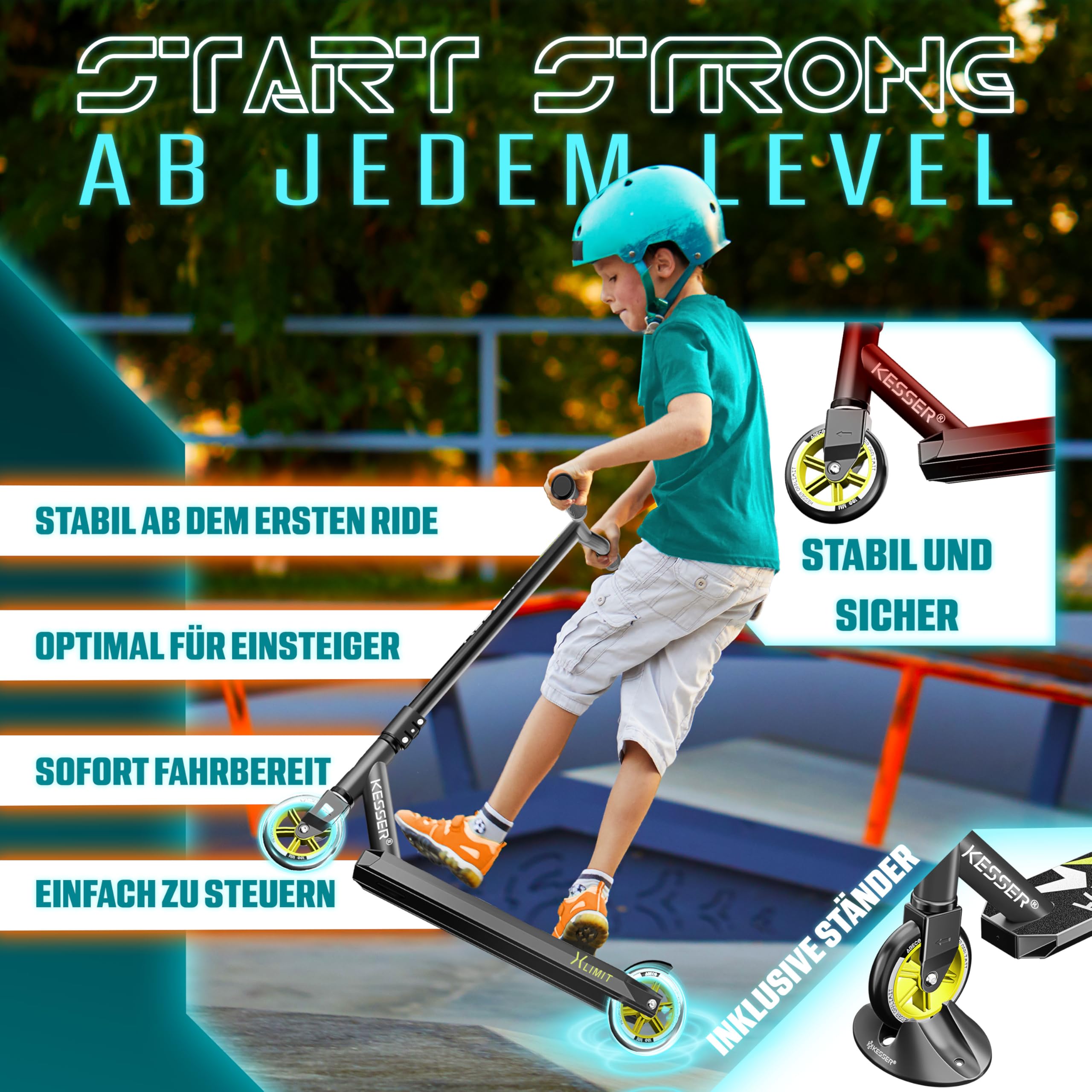 KESSER® Trottinette Freestyle | Trottinette Freestyle X-Limit | Direction à 360° | Roulements à Billes ABEC 9 de 100 mm | Roues en polyuréthane | Robuste | Anthracite