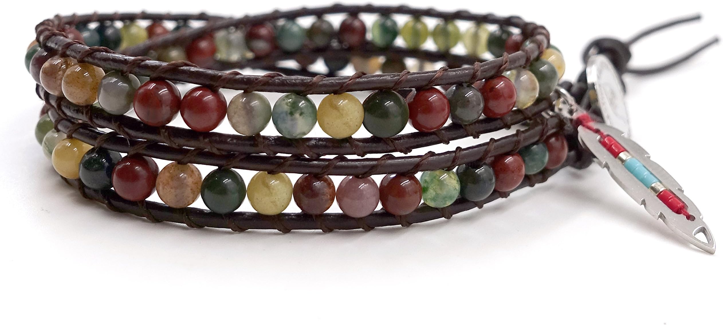2 Wrap Leather Bracelet Leaf Choker Necklace - Hot Mix - Inida Agate Beaded Stainless Steel Button