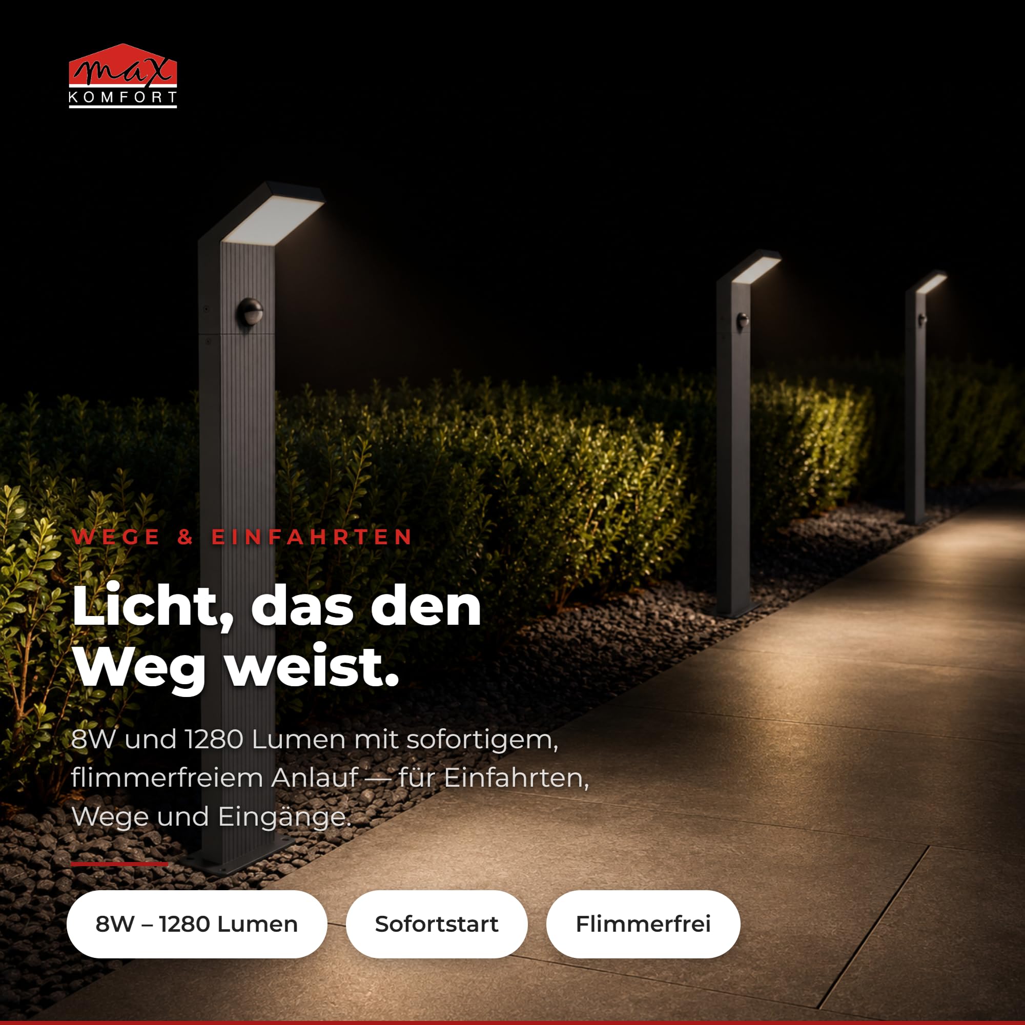 Maxkomfort LED Außenstandleuchte 80 cm Schwarz mit Bewegungsmelder – Premium Wegeleuchte IP65, 8W, 1280lm, 3000K warmweiß, Aluminium, Sensor mit Zeit- & Lux-Einstellung