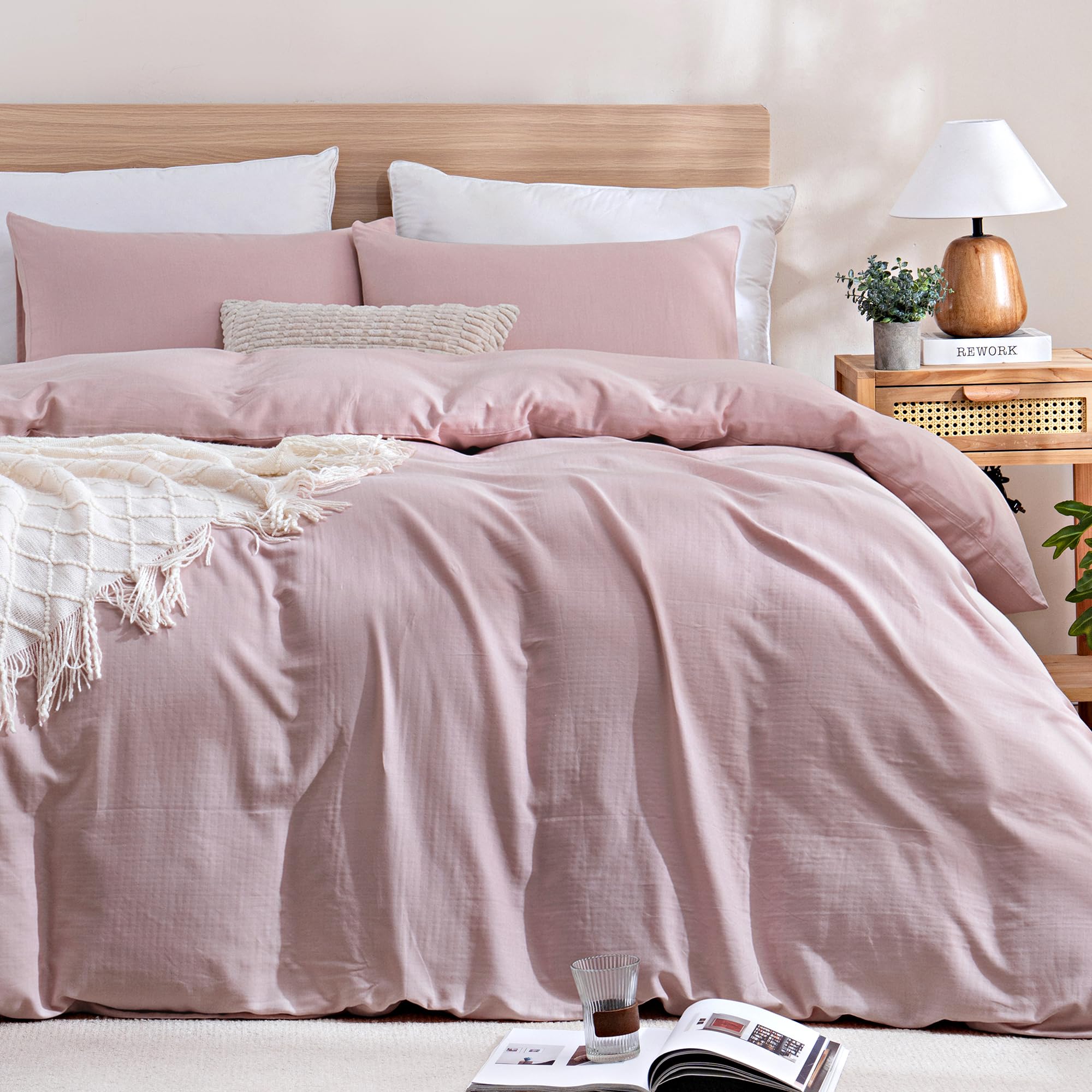 TOCOMOA 100% Muslin Cotton Duvet Cover Set, Pink, King