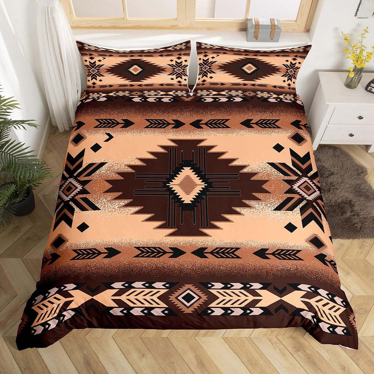 Loussiesd Southwest Native Duvet Cover Southwest Geometric Comforter Cover for Kids Boys Girls Youth Room Decor Western Decor Bedding Set King Brown Tribal 2 Pieces โ image 1