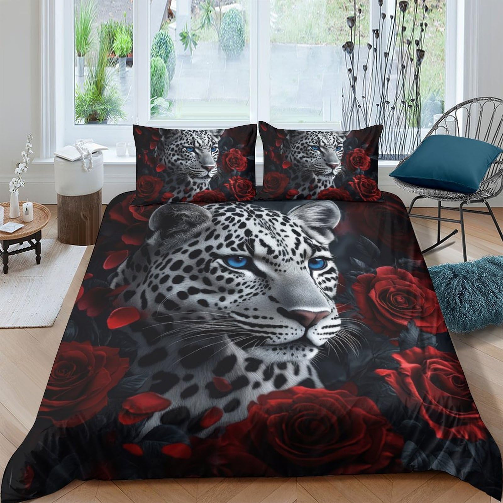 Ctjqhvkz Style-6 3D Printed Snow Leopard Fitted Sheet Microfiber Soft Red Rose Bed Cover For Bedroom Dorm Decor Mattress Protection Single（135X200cm）