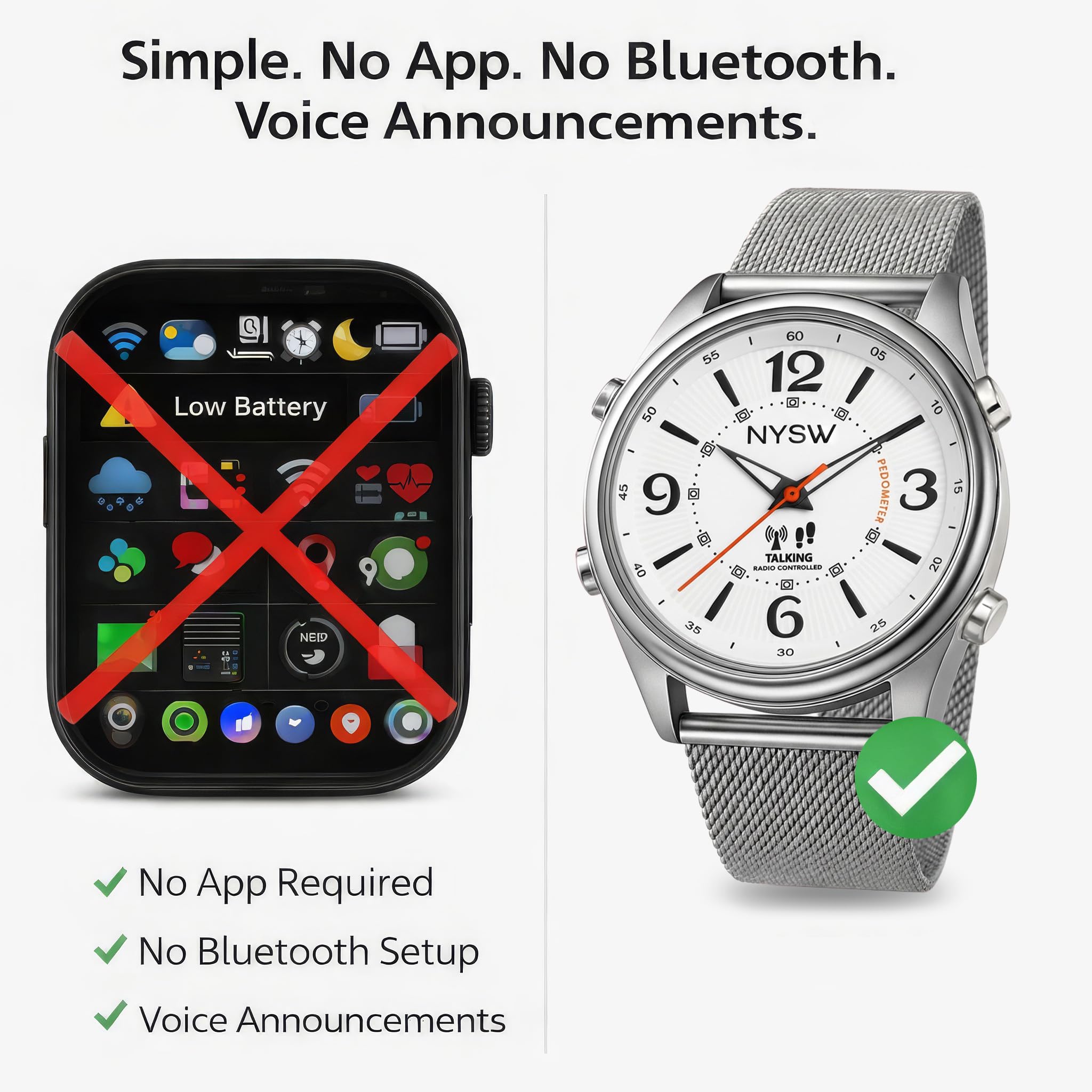 Orologio parlante atomico da uomo con contapassi, contacalorie e miglia | imposta, sempre preciso, ora legata all'ora legale automatica | senza app, senza Bluetooth | per ipovedenti e