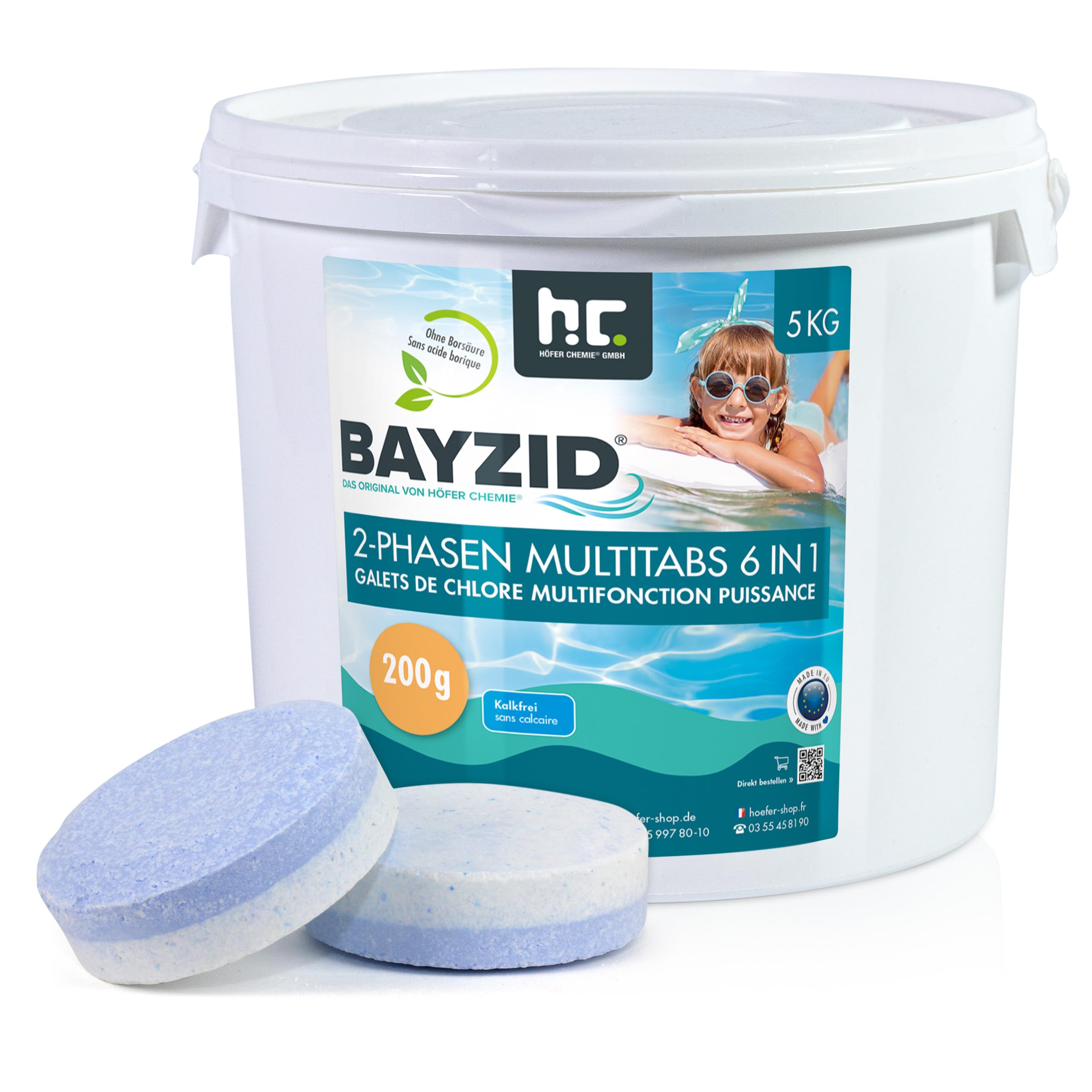 Höfer Chemie Galets de Chlore 1 x 5 kg pour Piscine à Dissolution Lente (200g) - Chlore Multifonction 6 en 1 pour Une Désinfection Régulière et Efficace