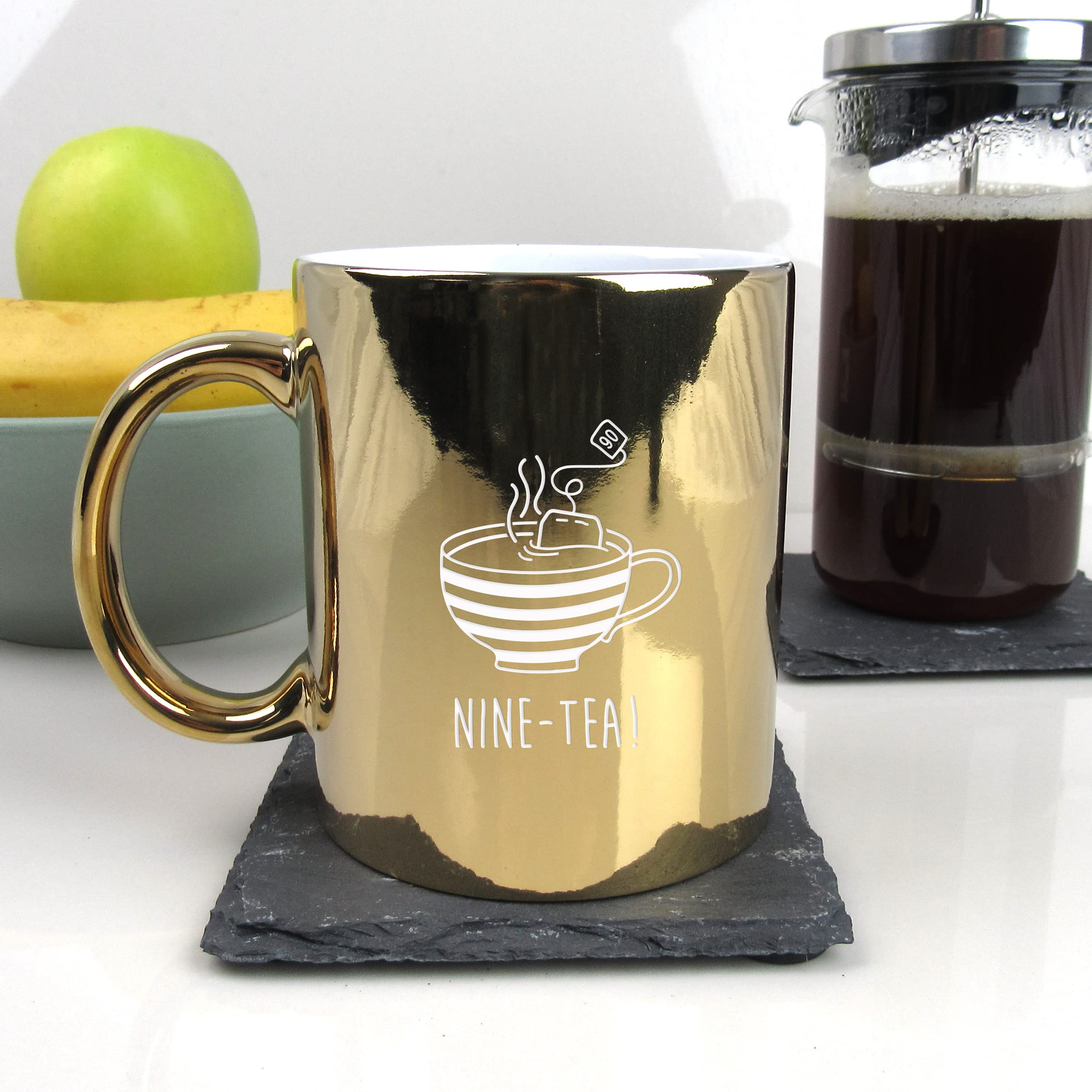 eBuyGB Engraved Metallic Shiny Gold Coffee Mug -Nine-Tea Design - 350ml Tea Cup, 90th Milestone Birthday Gifts for Men, Him - Ninetieth Gift for Friend, Grandad, Dad, Husband