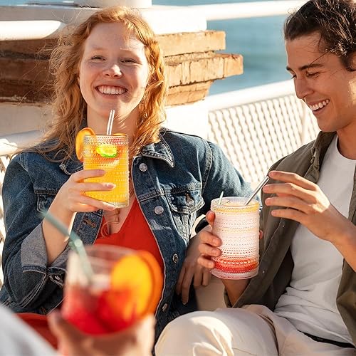 Miniatura 6 de Hobnail - Juego de 8 vasos para beber con pajitas, 15 onzas y 12 onzas, juego de 8 vasos en relieve, vasos de vidrio texturizado para cocina,