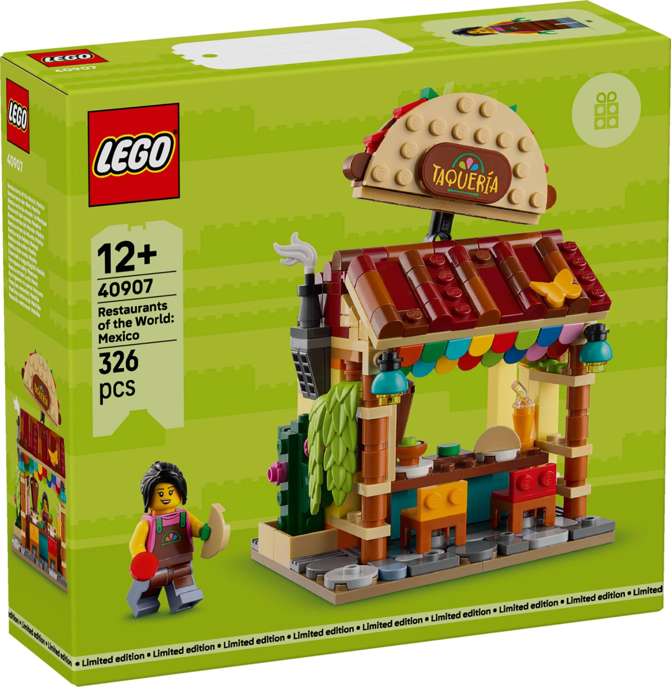 Restaurants of the World Mexico – 327-Piece Taco Shop Taqueria Building Set, Minifigure & Cactus, Collectible Food Display Model Gift – 40907