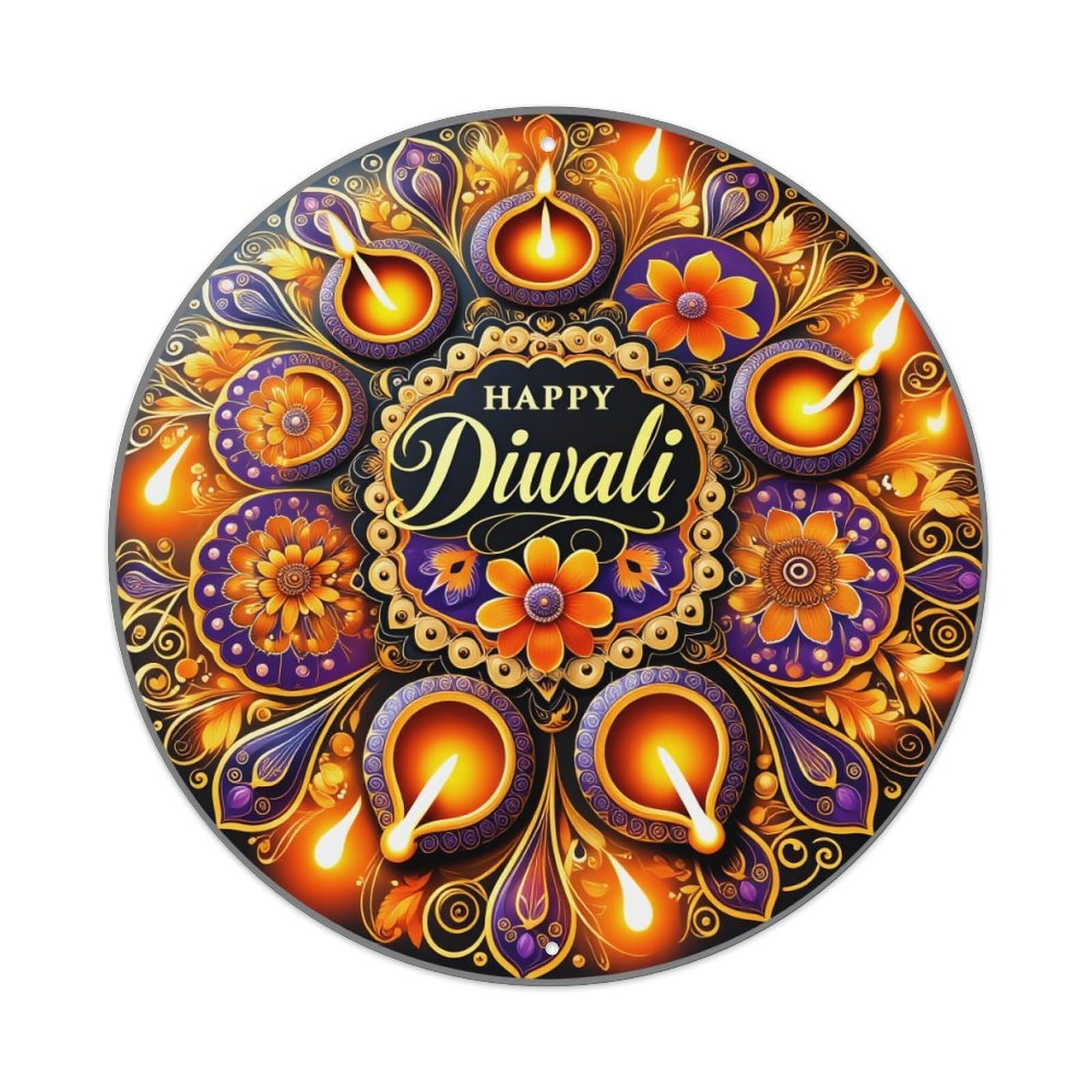 Floral Diwali Candle Pattern Design Round Tin Sign Vintage Metal Poster, Home Bar Garage Man Cave Cafe Indoor & Outdoor Wall Decoration 8x8Inches