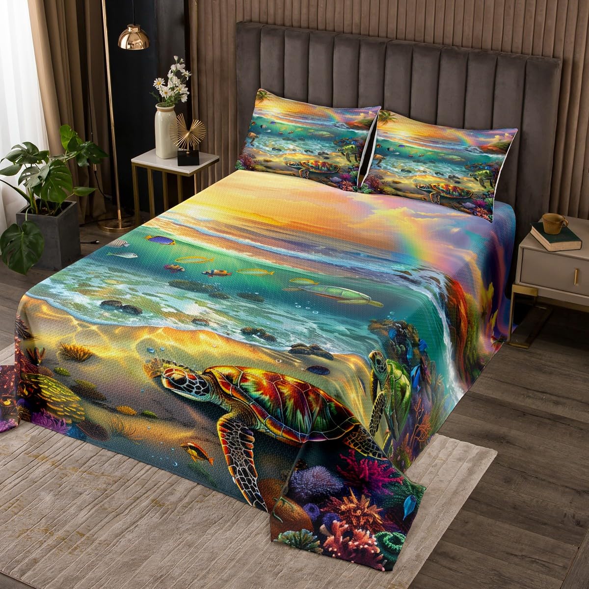 Homewish Sea Turtle Bedspread Set Queen Size for Kids,Boys Girls Beach Sunset Quilt Set Underwater World Coverlet Summer Vacation Bedspread 3 Piece Decorative Bedding Quilted with 2 Pillow Shams