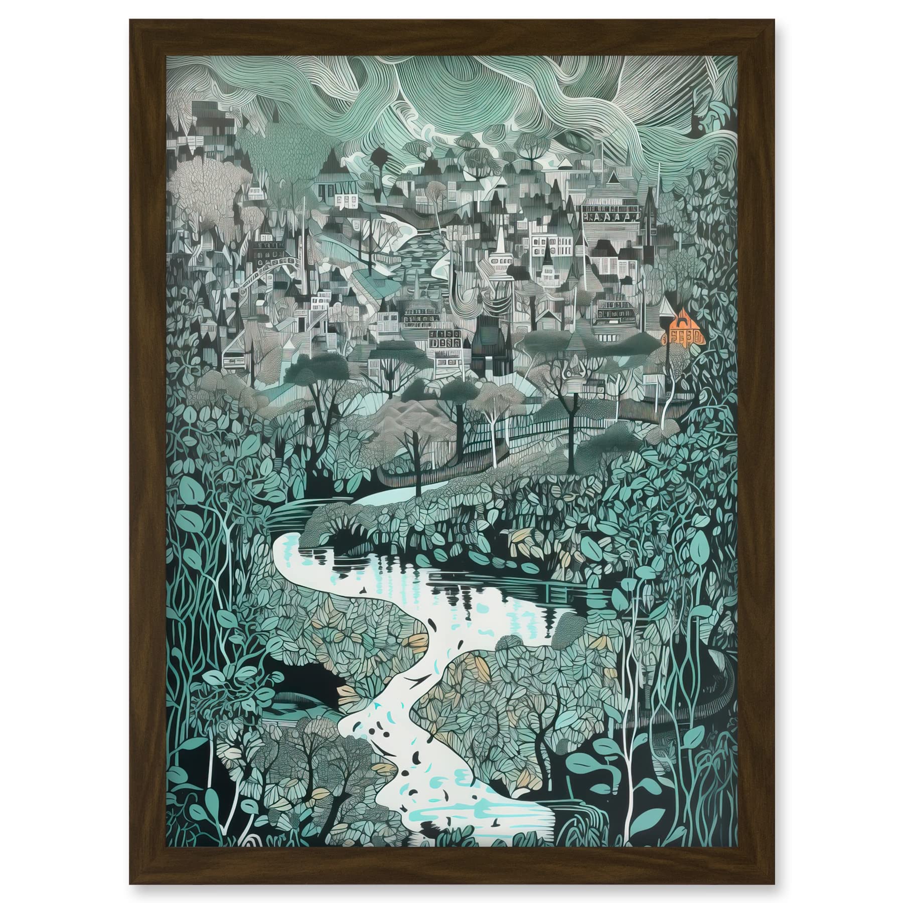 Artery8 Village Near River Forest Landscape Blue Linocut Artwork Framed A3 Wall Art Print
