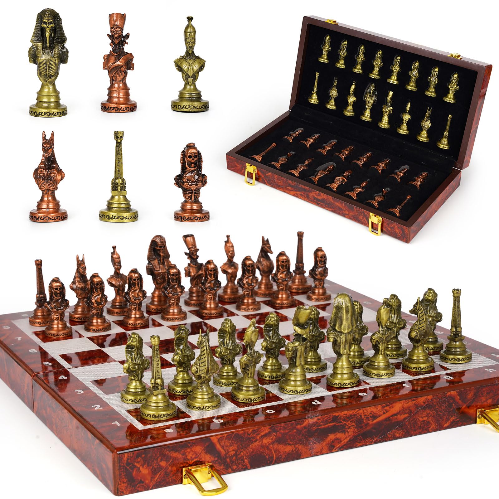 Gran Juego de Ajedrez de Metal Egipcio para Adultos – Tablero de Ajedrez Plegable de Madera de 15 Pulgadas con Piezas de Ajedrez Antiguas Ponderadas – Juego de Tablero Clásico de Lujo Vintage para