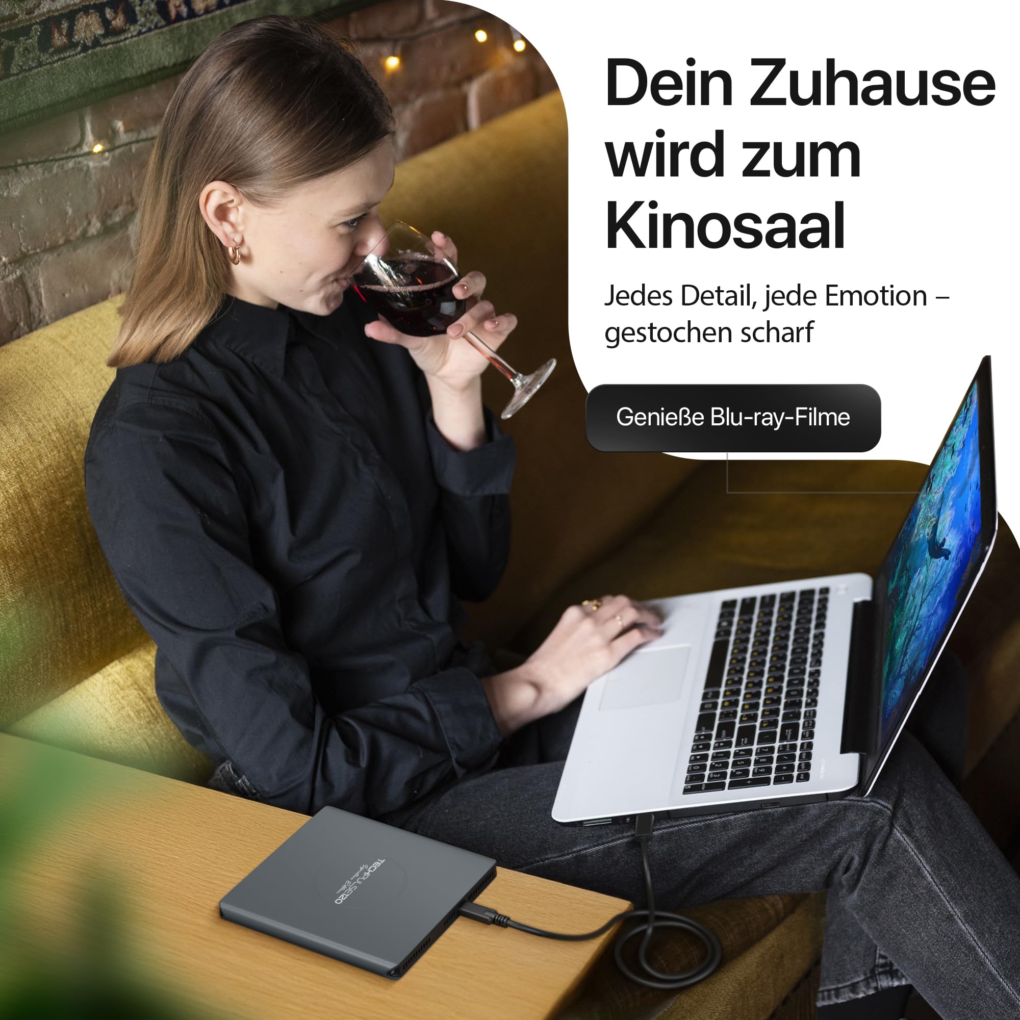 techPulse120 Externes USB 3.1 USB-C UHD 4k 3D M-DISC Blu-ray DVD CD HDR10 128GB Laufwerk Brenner Burner Signature Paket Tasche 90cm Anschlusskabel Aluminium (Grau)