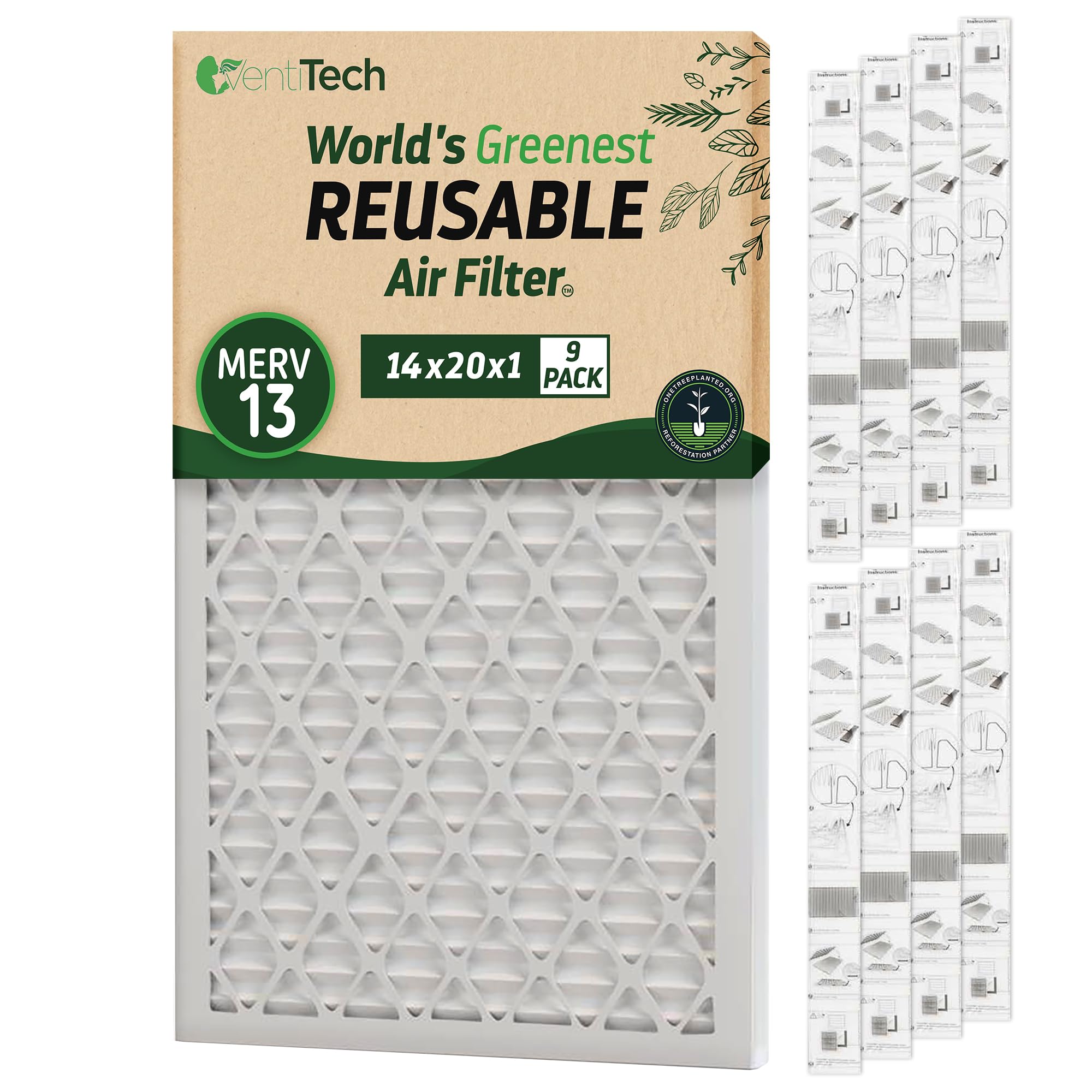 The World's Greenest Reusable Air Filter 14x20x1 MERV 13 for HVAC - Includes 1 Reusable Frame with 9 Disposable Filter Media - Eco-Friendly and Space-Saving Solution for your Home