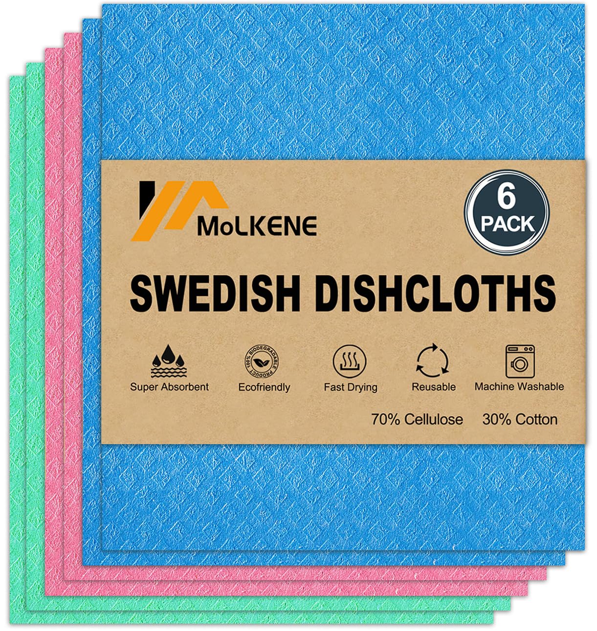 MoLKENE Swedish Dishcloths, Reusable Soft Kitchen Towels, Absorbent Sponge Cleaning Cloths, Washable Quick Drying, 6 Pack, Assorted