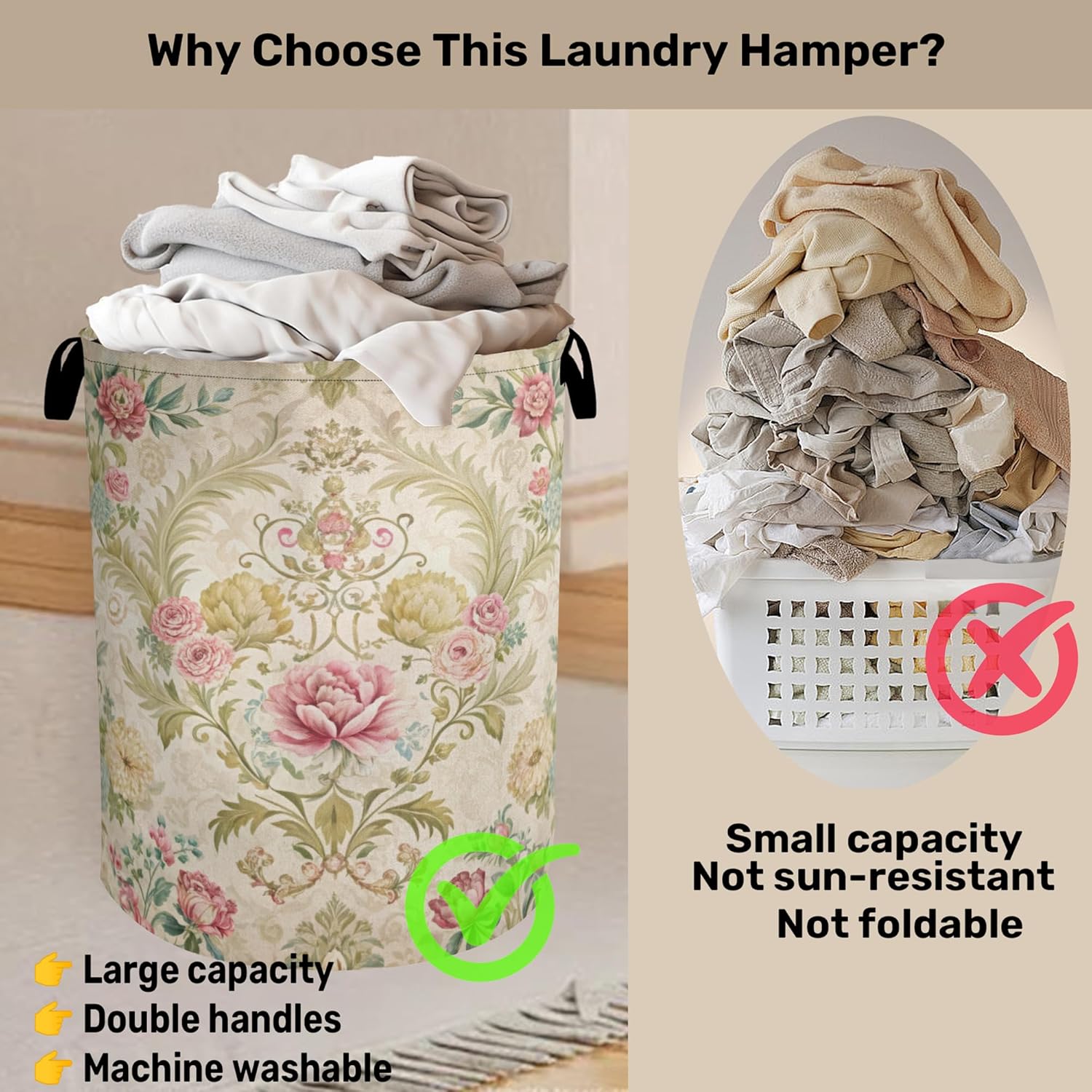 Shabby Chic Rose Laundry Basket with Handles - Extra Large Foldable Hamper for Bathroom/Laundry/Bedroom/Dorm, Washable Fabric Storage Bin