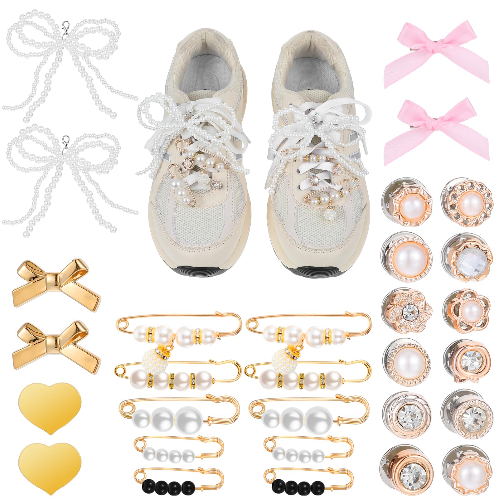Qianyu 30 sztuk sznurowadeł, charms, klipsy do trampek, sznurowadeł, zawieszki, szpilki do przypinania, kokardki, dekoracyjne klipsy do butów, sztuczne perły, stras, akcesoria, biżuteria dla kobiet,