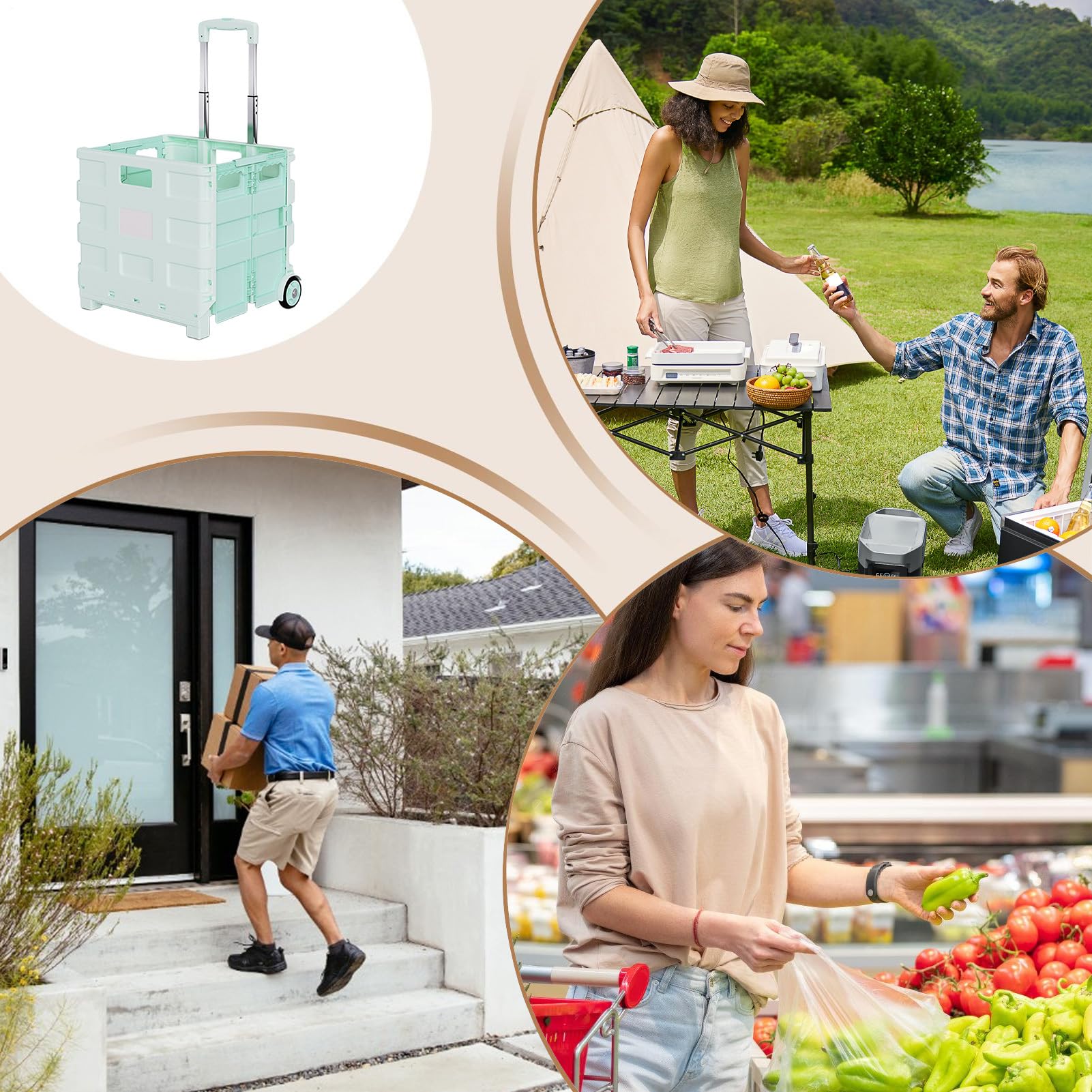 Carrello della Spesa con Ruote Capienza Grande e Portatile | Cesto di Archiviazione Portatile per lo Shopping Per Casa Esterno Giardino Cortile Spiaggia Campeggio Pesca Picnic Viaggio