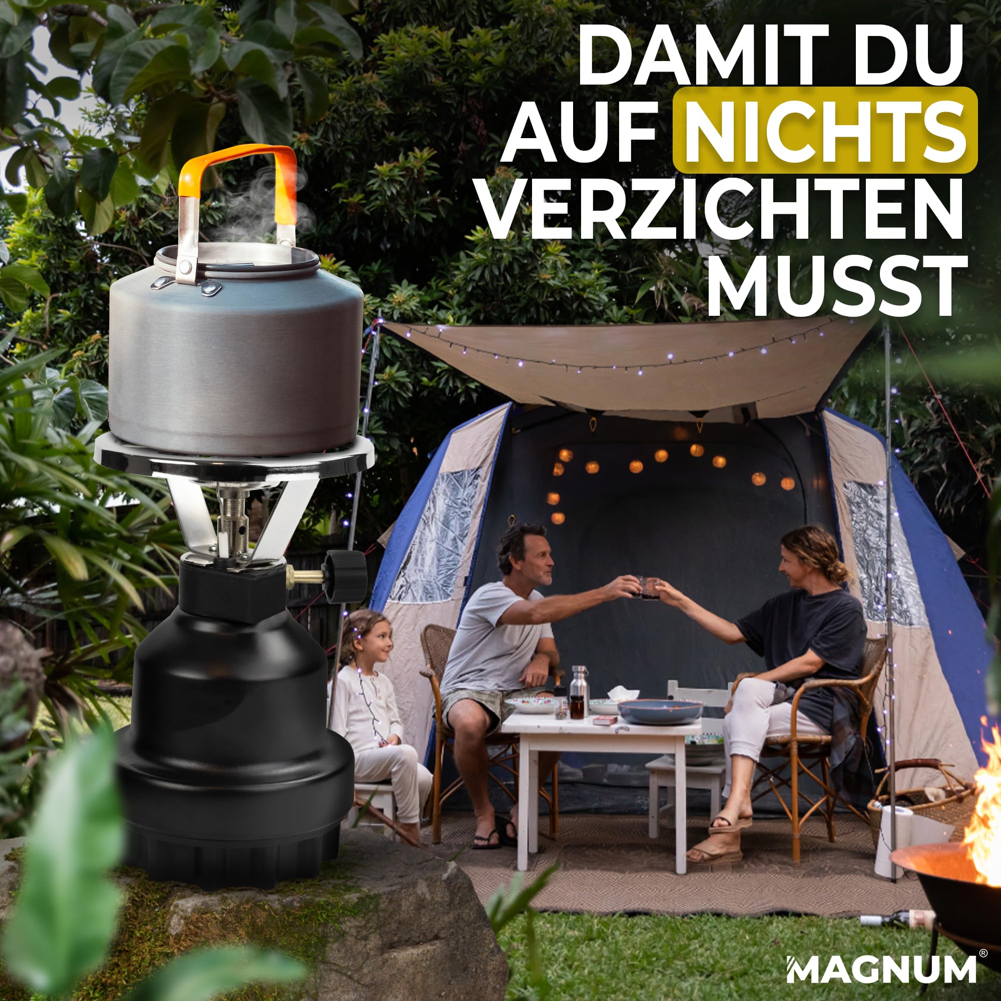 Magnum® Campingkocher inkl. 4 Gaskartuschen [Testnote: Sehr gut] Gaskocher schwarz - Camping Gaskocher stufenlos regulierbar - Gaskocher Camping (4 Kartuschen)