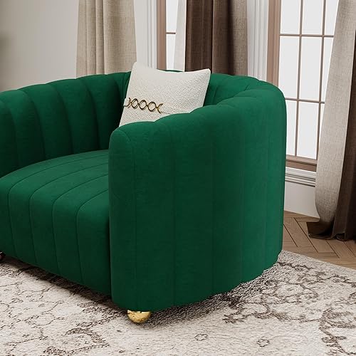 Miniatura 9 de Juego de sofá de 3 piezas de terciopelo verde para sala de estar, juego de sofá de diseño moderno con patas de bola de metal doradas, bonito juego