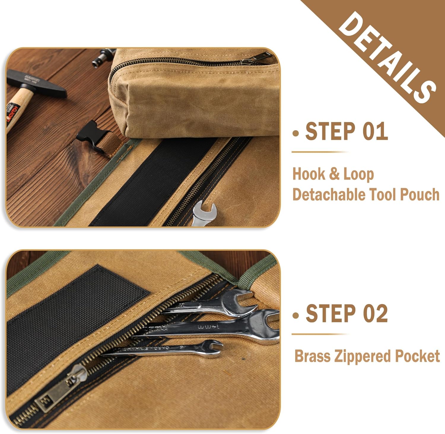 Kaaltisy Tool Roll Organizer, Canvas Wrench Roll with 2 Zippered Pouches + Buckle Closure, Heavy Duty 16oz Waxed Canvas Roll Up Tool Pouch for Wrench Set Chisel Screwdriver | Khaki | 26" L x 12.5" W