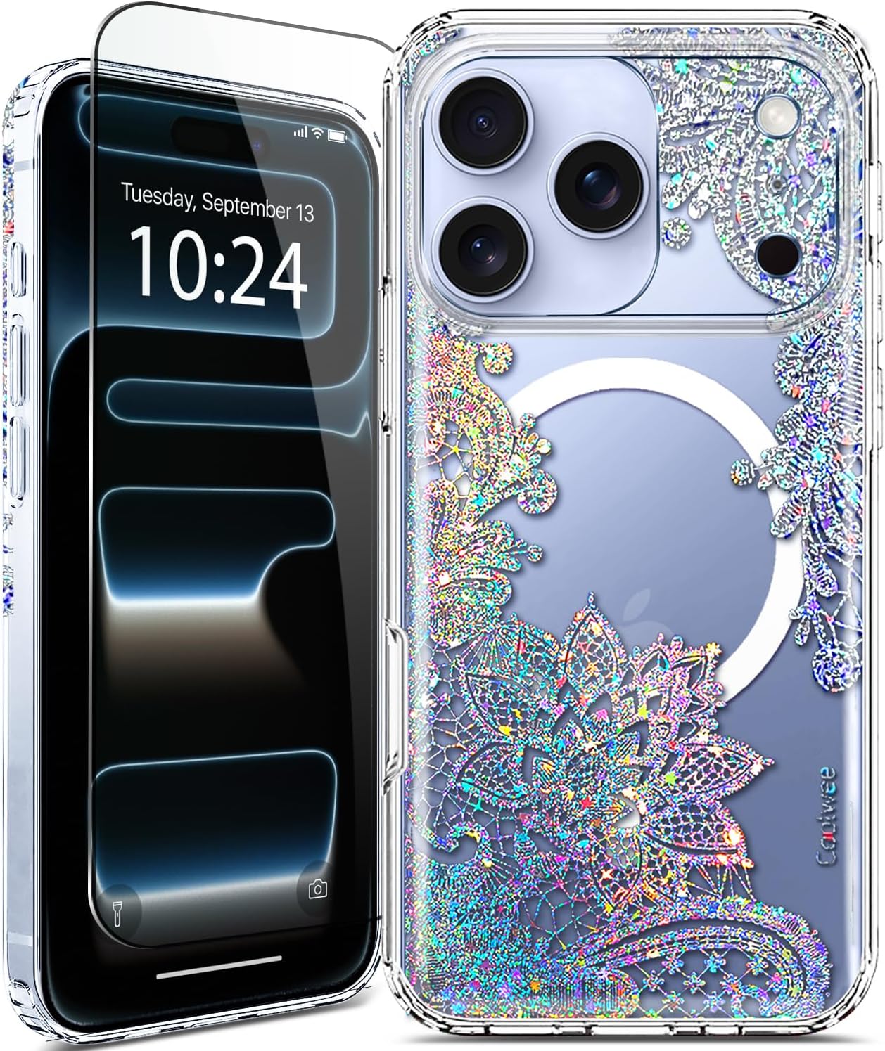 Coolwee Magnetic Glitter for iPhone 17 Pro Max Case, Compatible with MagSafe, Slim Cute for Women Girls, 10FT Military Grade Protective Cover for iPhone 17 Pro Max Clear Bling Lace Mandala Henna Clear iPhone 17 Pro Max