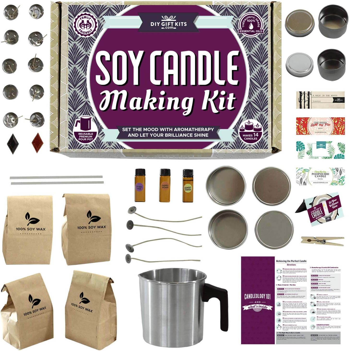 DIY Gift Kits 49-Piece Soy Candle Making Kit | Makes 14 Candles | 3 Pure Essential Oils, Soy Wax, Pouring Pot & More | DIY Starter Kit | Scented Candles Making Supplies | Great Gift for Men & Women
