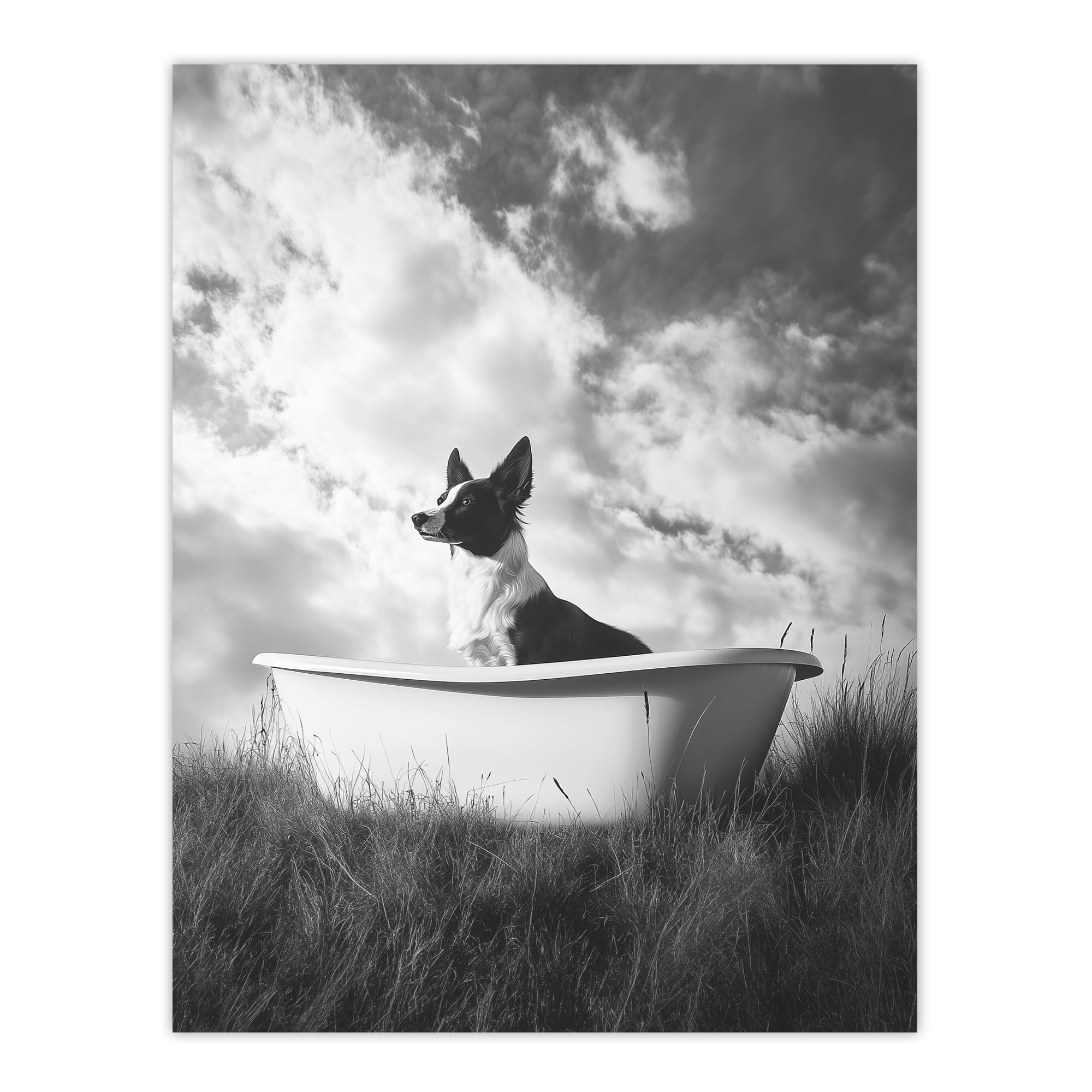 Artery8 Collie in a Bathtub Black White Surreal Dog Lover Living Room Extra Large XL Wall Art Poster Print