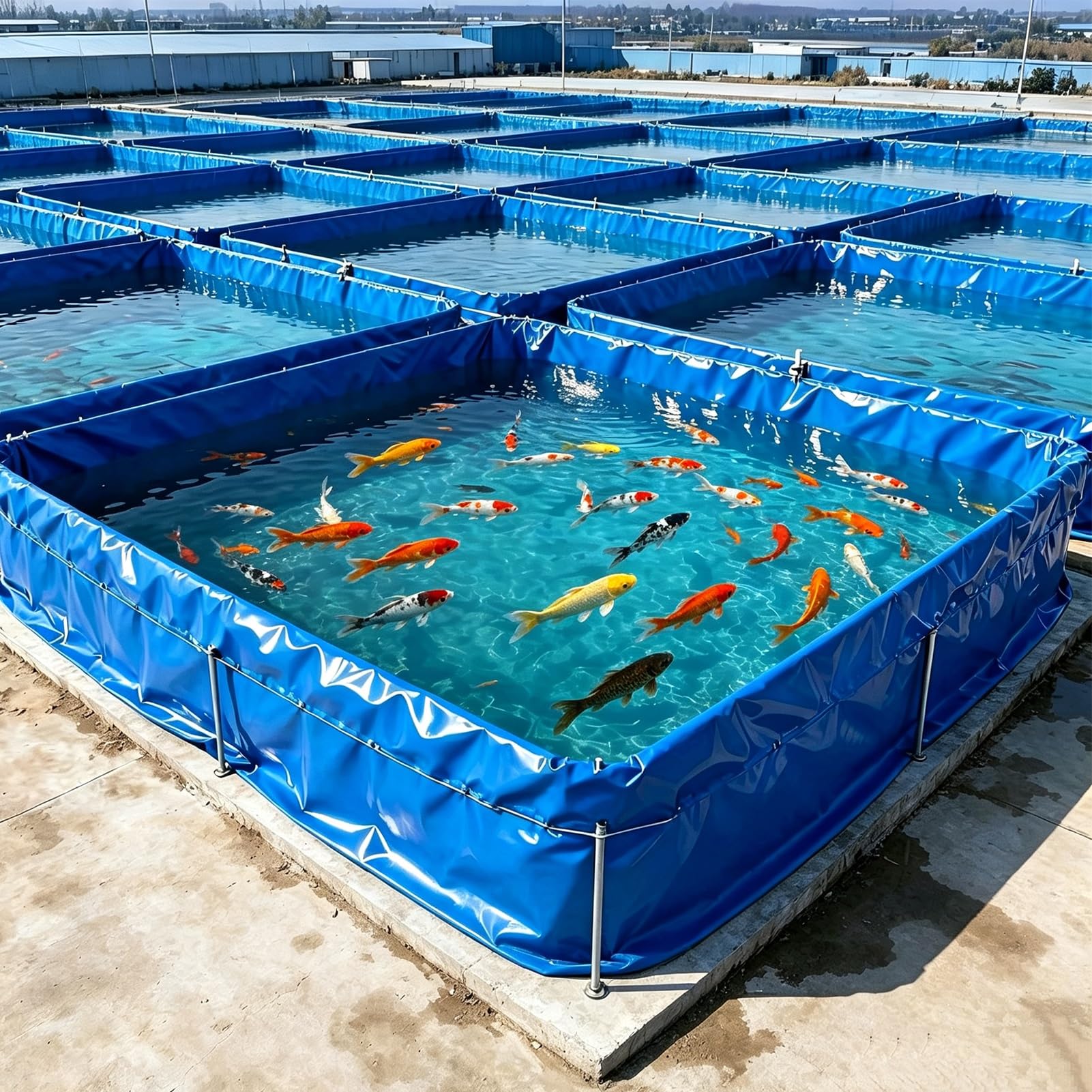Estanque de peces de PVC azul para cultivar langostas en el jardín