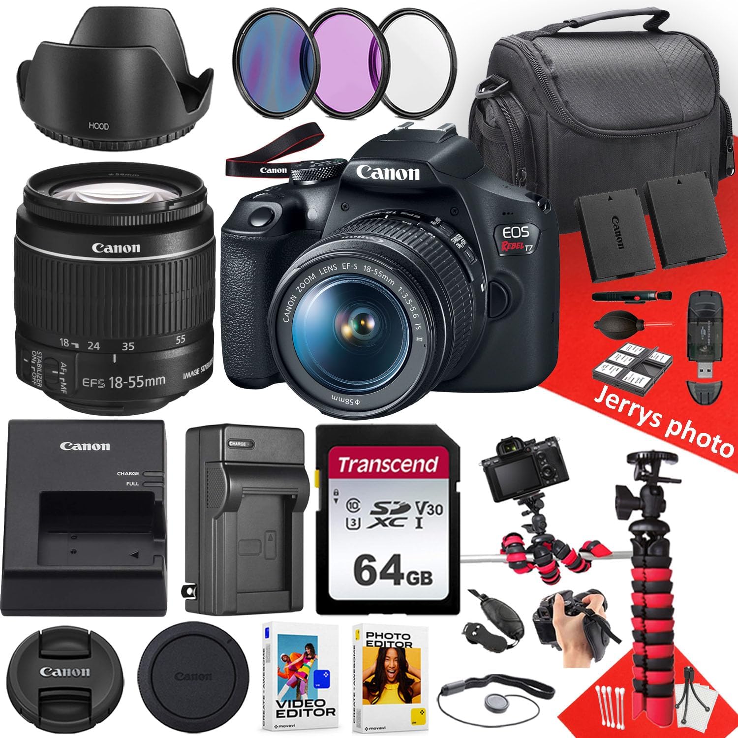 Canon EOS Rebel T7 DSLR Camera with Canon EF-S 18-55mm f/3.5-5.6 is II Lens + 64 GB Memory + Hood + Extra Battery + Battery Charger + Filters + More (27pc Bundle) (Renewed)