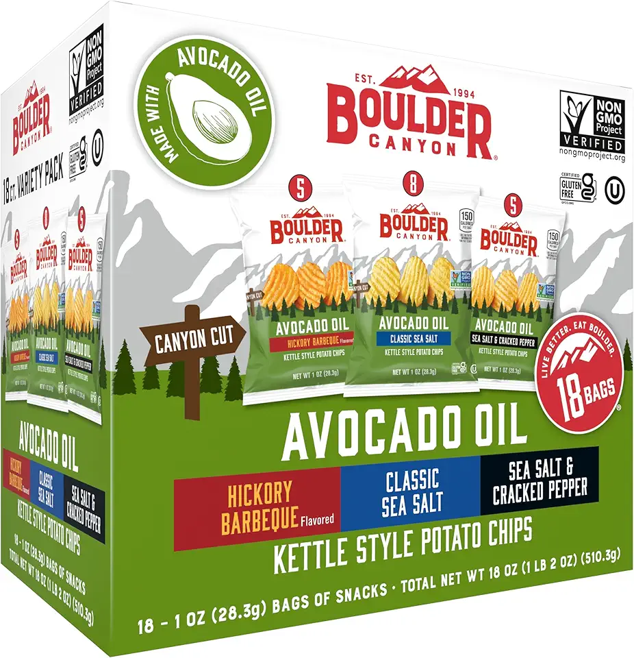 Boulder Canyon Avocado Oil Kettle Style Potato Chips Variety Pack, 18 Count - Gluten-Free, Non-GMO, Hickory Barbecue, Classic Sea Salt, Sea Salt &amp; Cracked Pepper (1 oz Bags)
