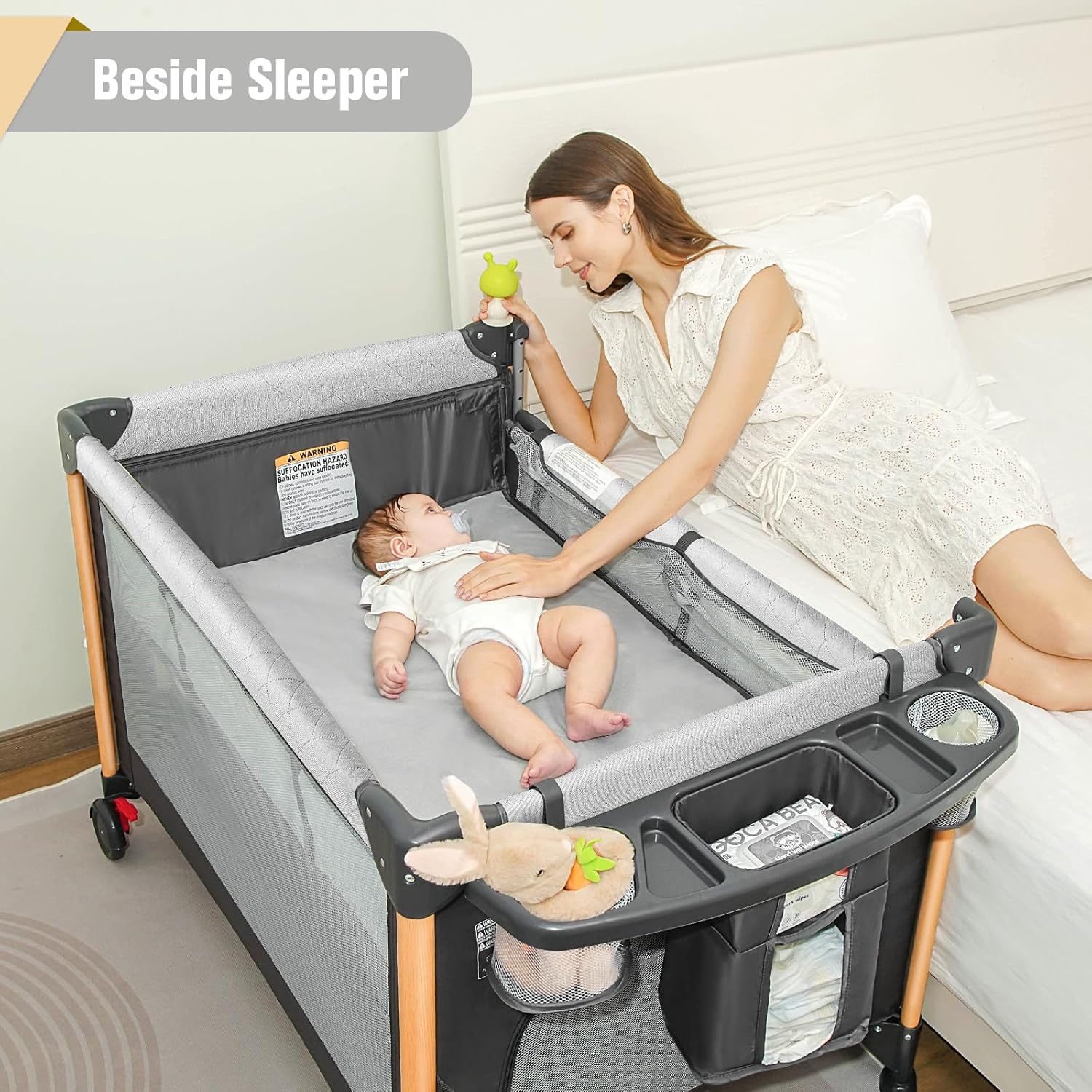 Baby Bassinet 5 in 1 Pack and Play,Baby Crib Adjustable Beside Sleeper One-Second &One-Hand Setup,Portable Playard Foldable Playpen for Newborn,Babies and Toddlers with Changing Table,Mattress (Grey)