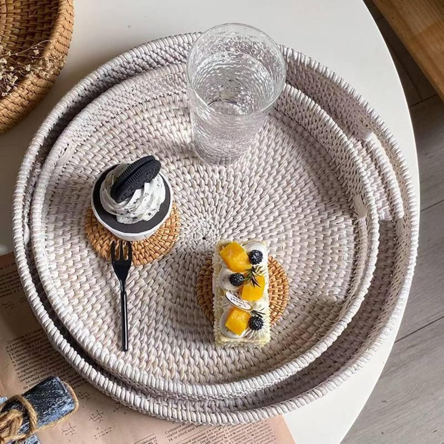 Coffee Table Tray, Large Rattan Serving Tray 14", Round Table Basket, Home Decor Organizer Tray for Breakfast, Tea, Snack, Fruit, Flat Circle Woven Tray, Boho Farmhouse, Whitewash