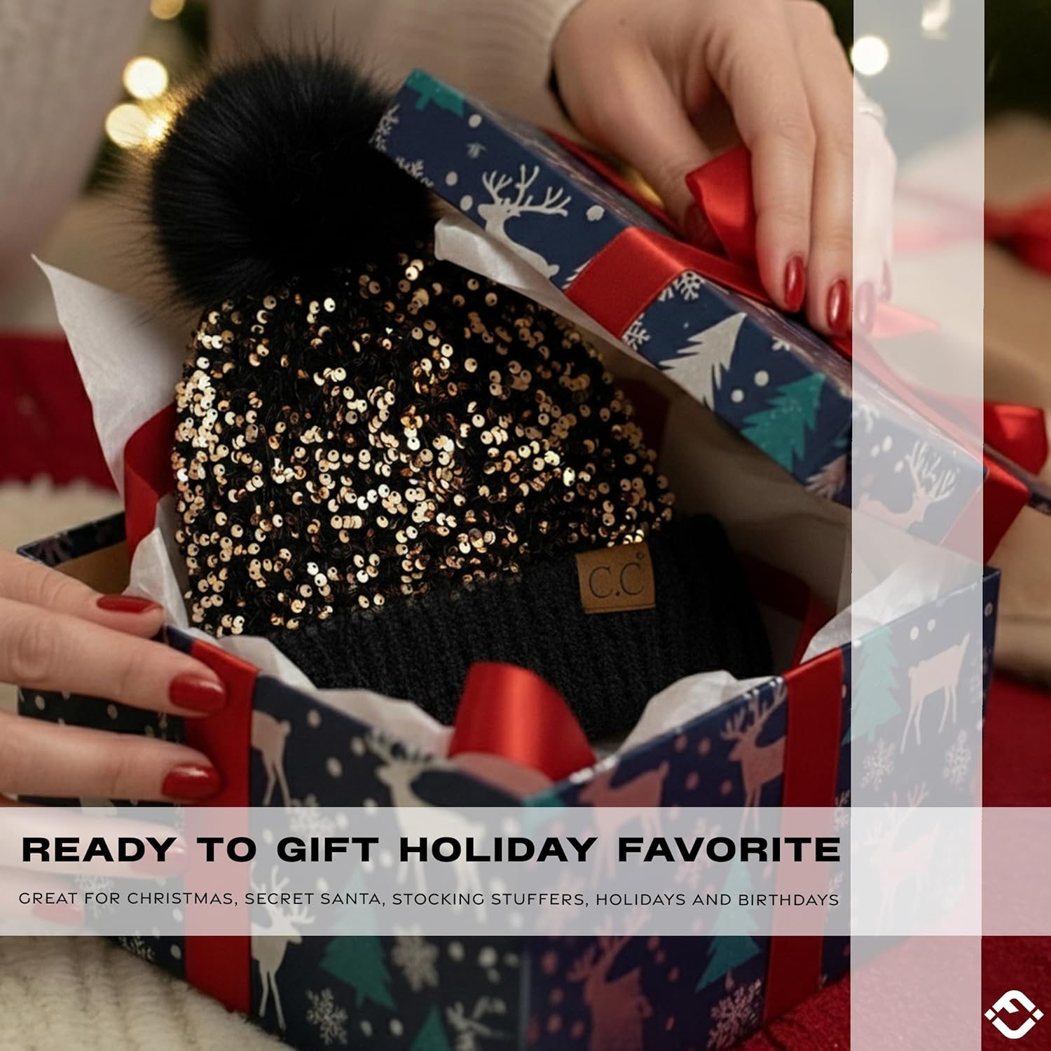 Funky Junque Women's Sequin Pom Beanies – Soft Knit Sparkly Bling Winter Hats for Women, Faux Fur Pom Glitter Sparkle Hat - Image 6