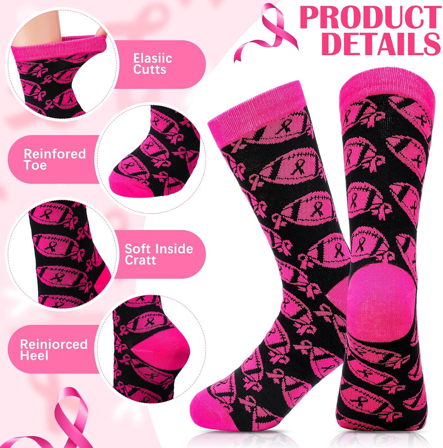 Jiuguva 60 Pairs Breast Cancer Awareness Crew Socks Bulk Pink out Day Ribbon Socks for Football Volleyball Sport Team Support(Pink Ribbon)
